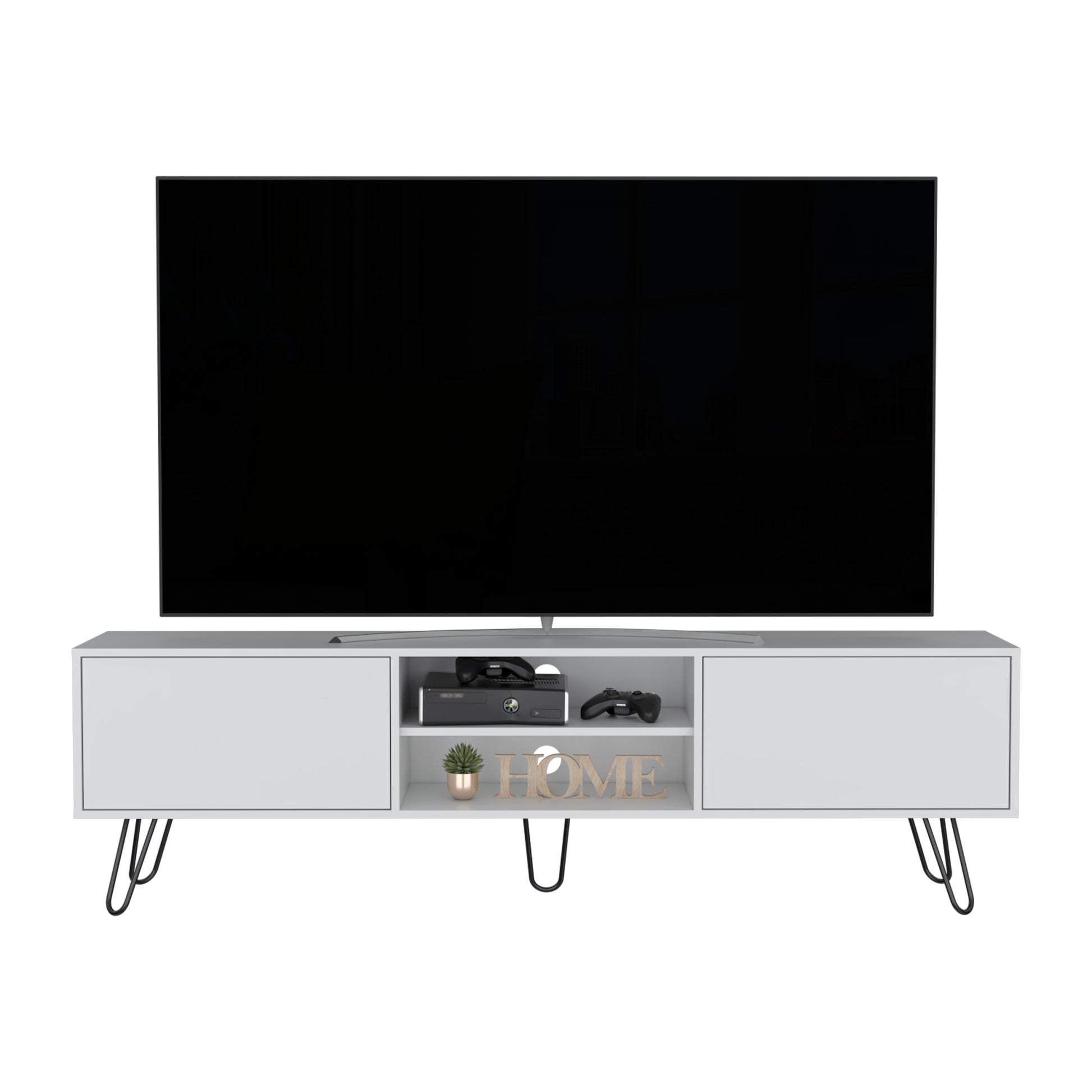 Waco Tv Rack, Hairpin Stand With Spacious Storage And Cable Management Holes, White White 50 59 Inches Particle Board Pine