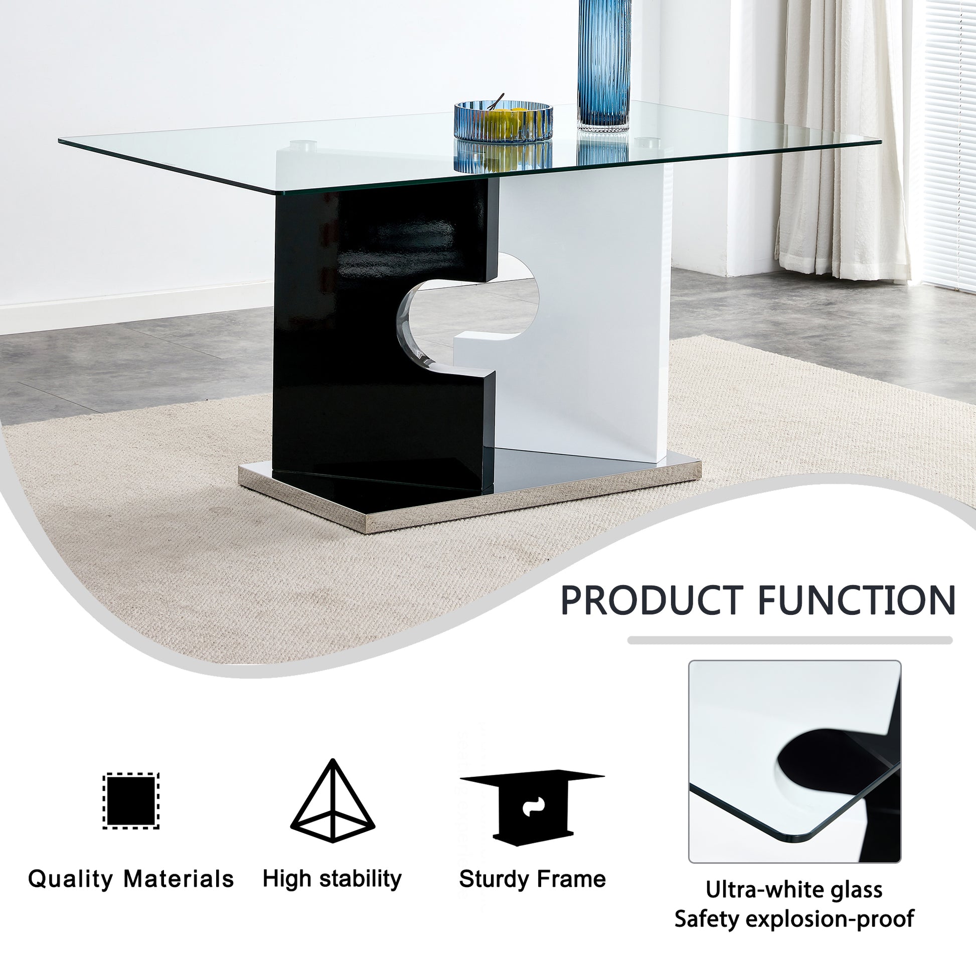 Large Modern Minimalist Rectangular 0.31 "Thick Tempered Glass Dining Table, Suitable For 6 8 People. 6 Pu Synthetic Leather High Backbone Cushioned Side Chairs With C Shaped Silver Metal Legs. C 1162 White Mdf Glass