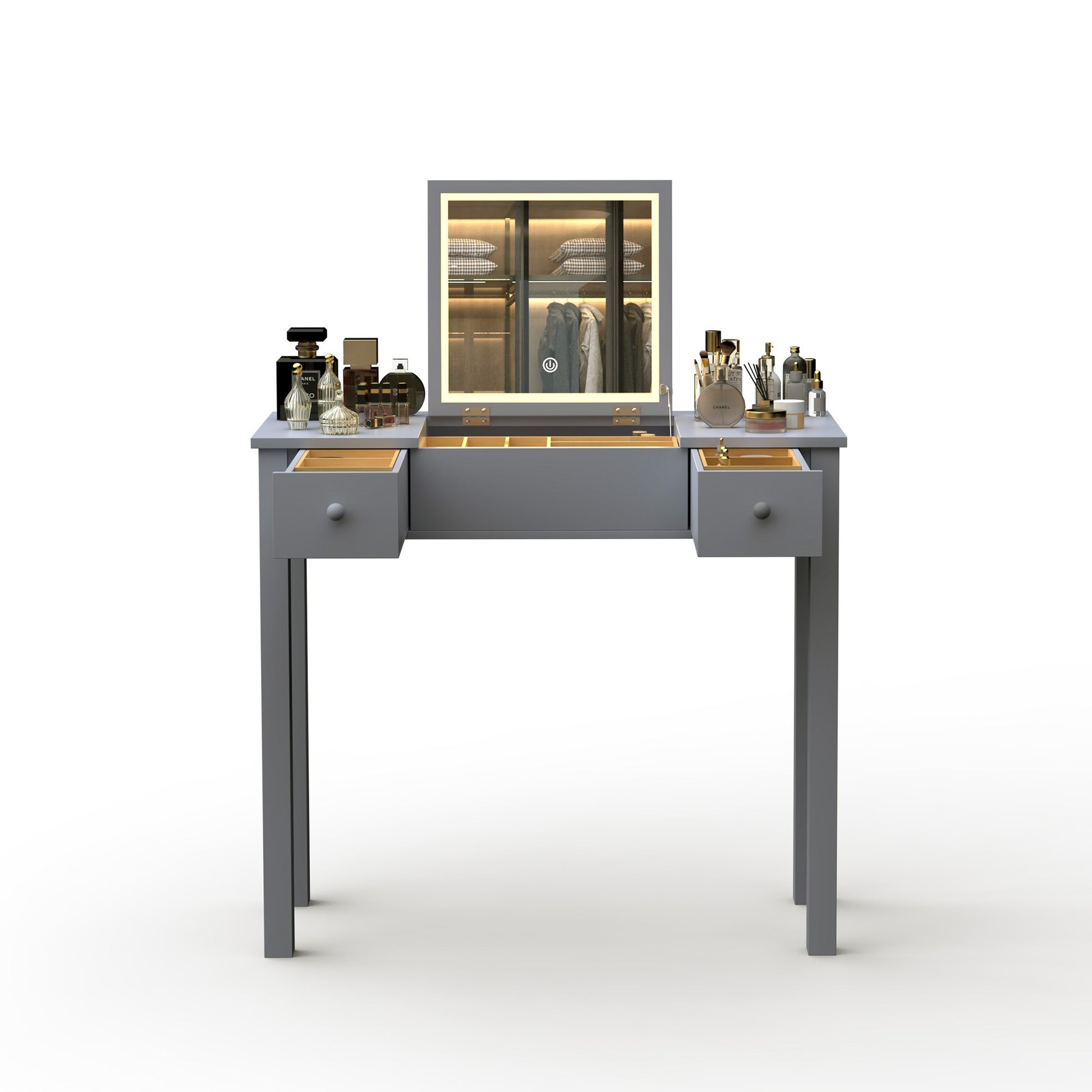 Sleek Grey Vanity Table With Led Lights, Flip Top Mirror And 2 Drawers, Jewelry Storage For Women Dressing Grey 2 Drawers Mdf