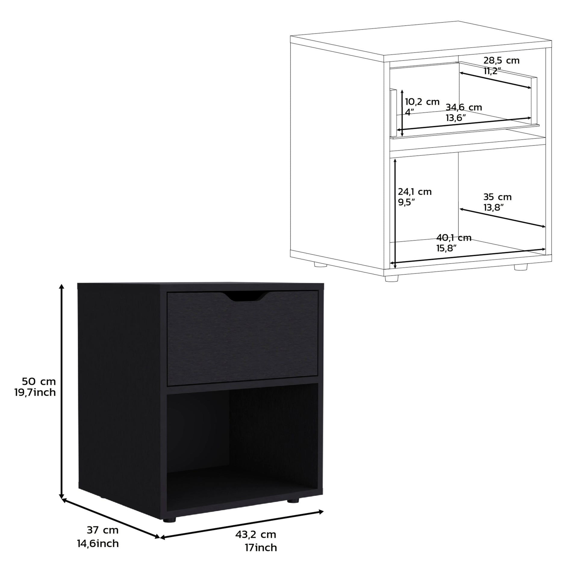 19.7" High Nightstand End Table With Open Shelf,Black Black Particle Board Pine