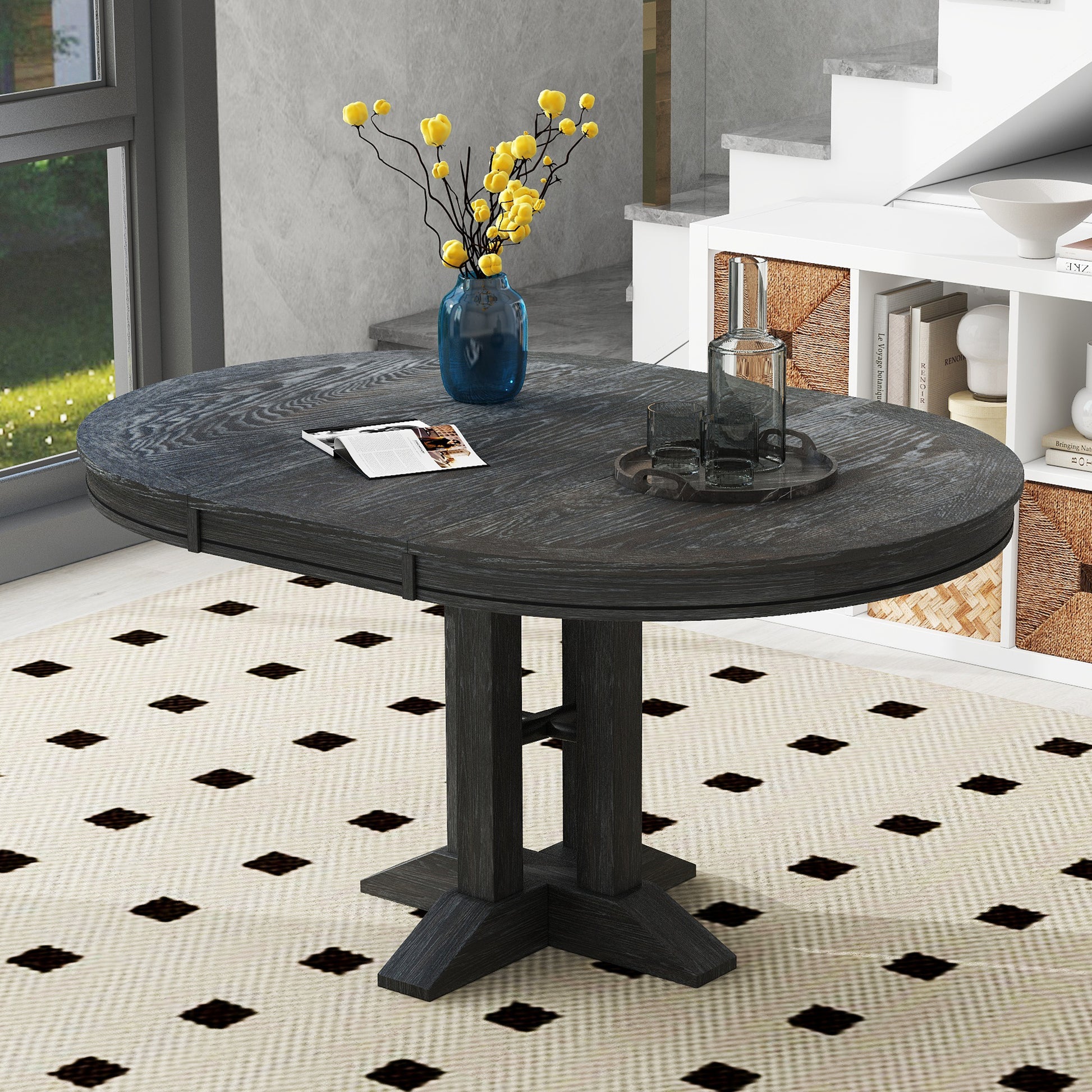 Farmhouse Dining Table Extendable Round Table For Kitchen, Dining Room Black Black Solid Wood Mdf