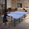 9Ft Mid Size Table Tennis Table Foldable & Portable Ping Pong Table Set For Indoor Games With Net, 2 Table Tennis Paddles And 3 Balls Blue Mdf