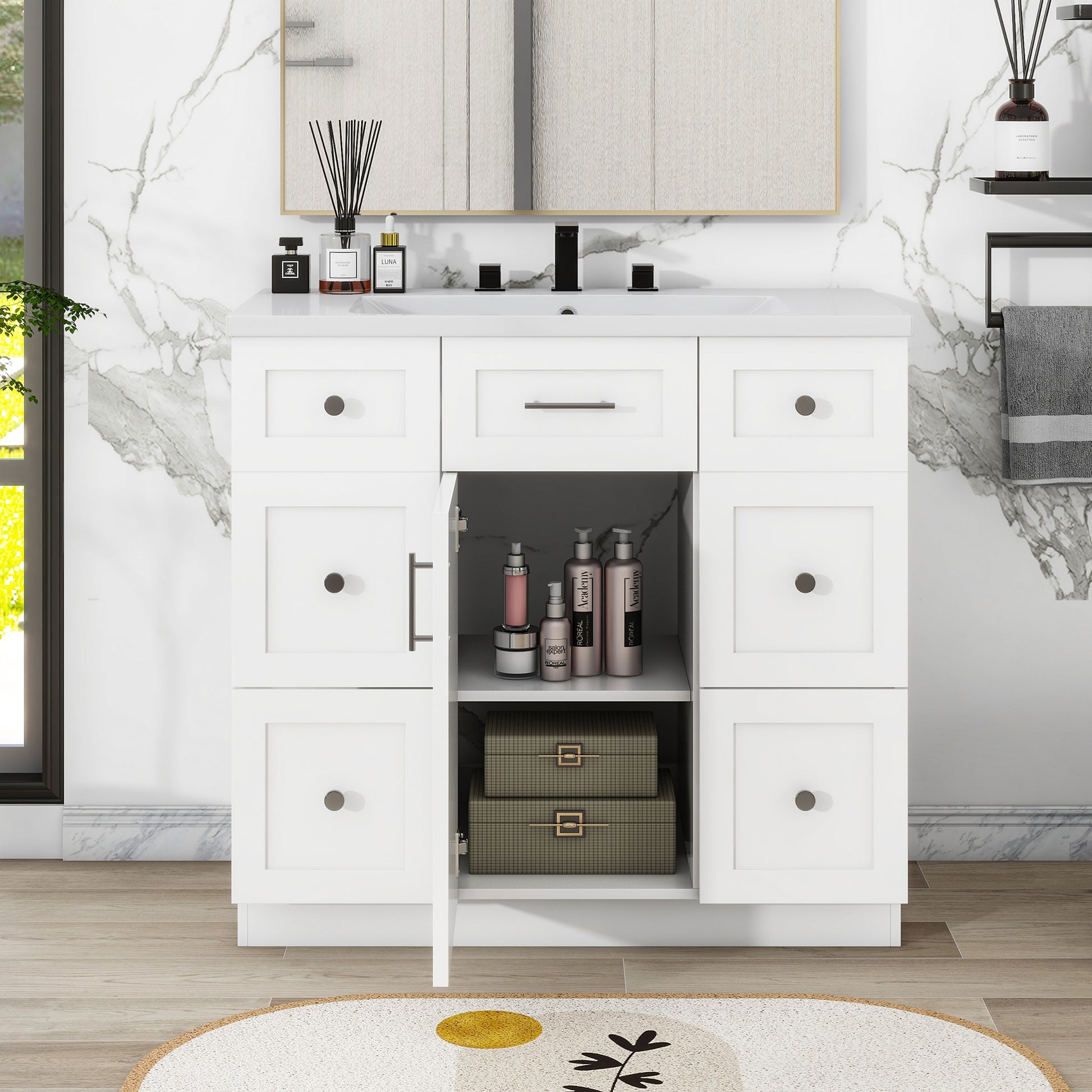 Modern White 36 Inch Freestanding Bathroom Vanity Cabinet With Resin Integrated Basin With 4 Drawers 1 Soft Close Door, Multi Functional Storage White Mdf