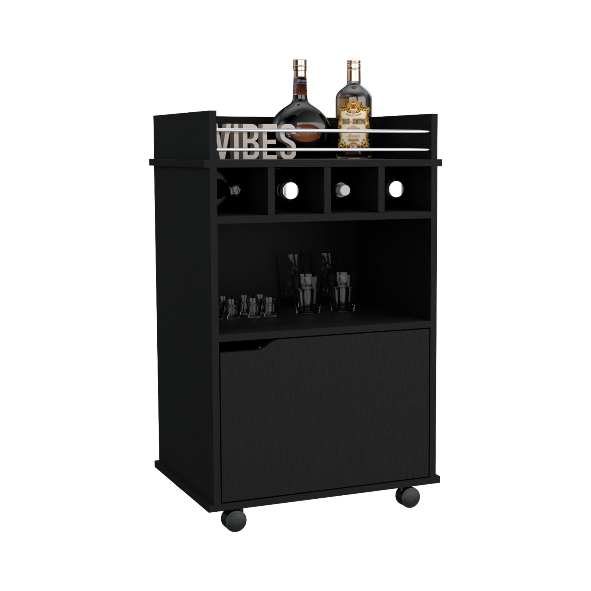 Sims 35" H Bar Cart With Two Shelves Four Wine Cubbies And One Cabinet,Black Black Particle Board Pine