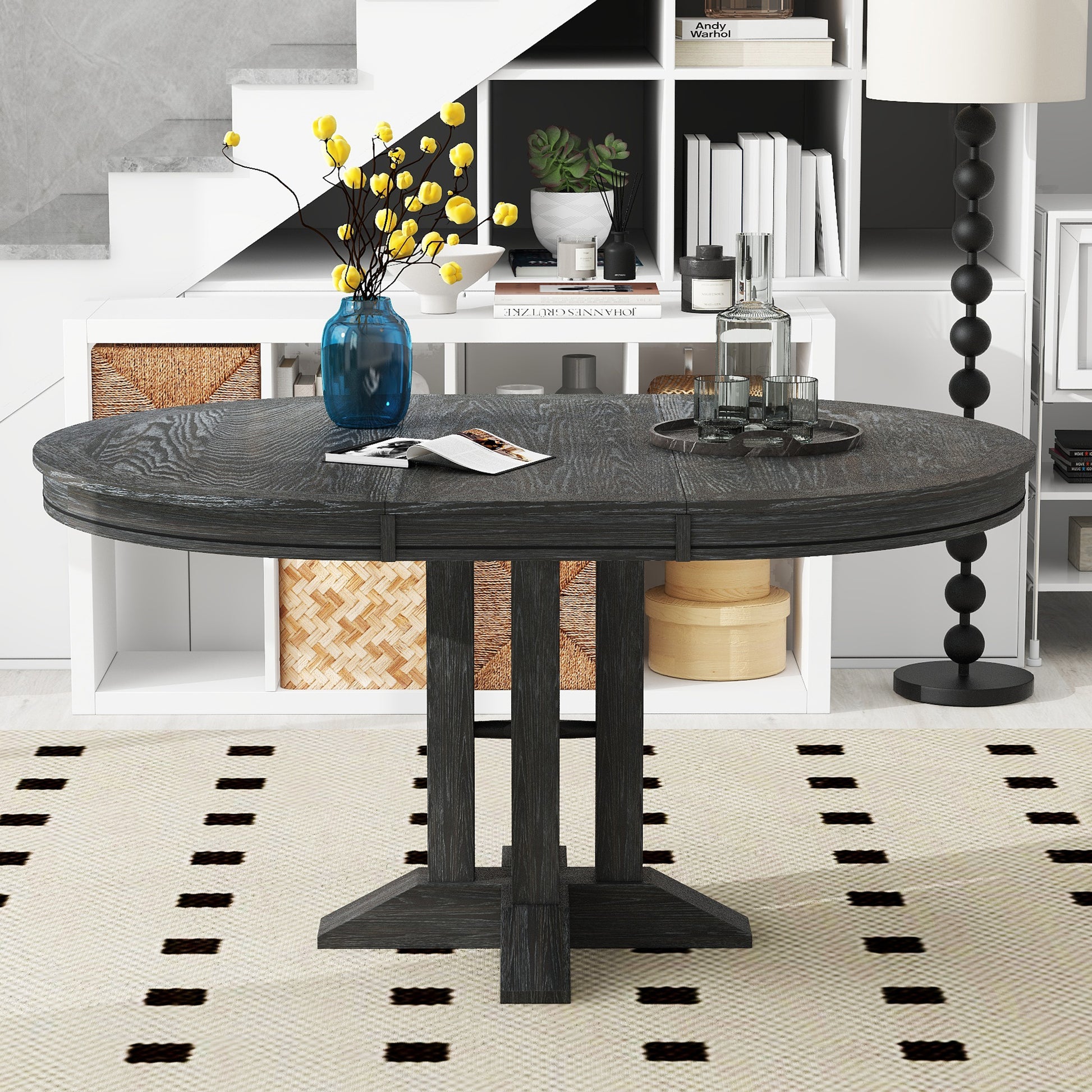 Farmhouse Dining Table Extendable Round Table For Kitchen, Dining Room Black Black Solid Wood Mdf