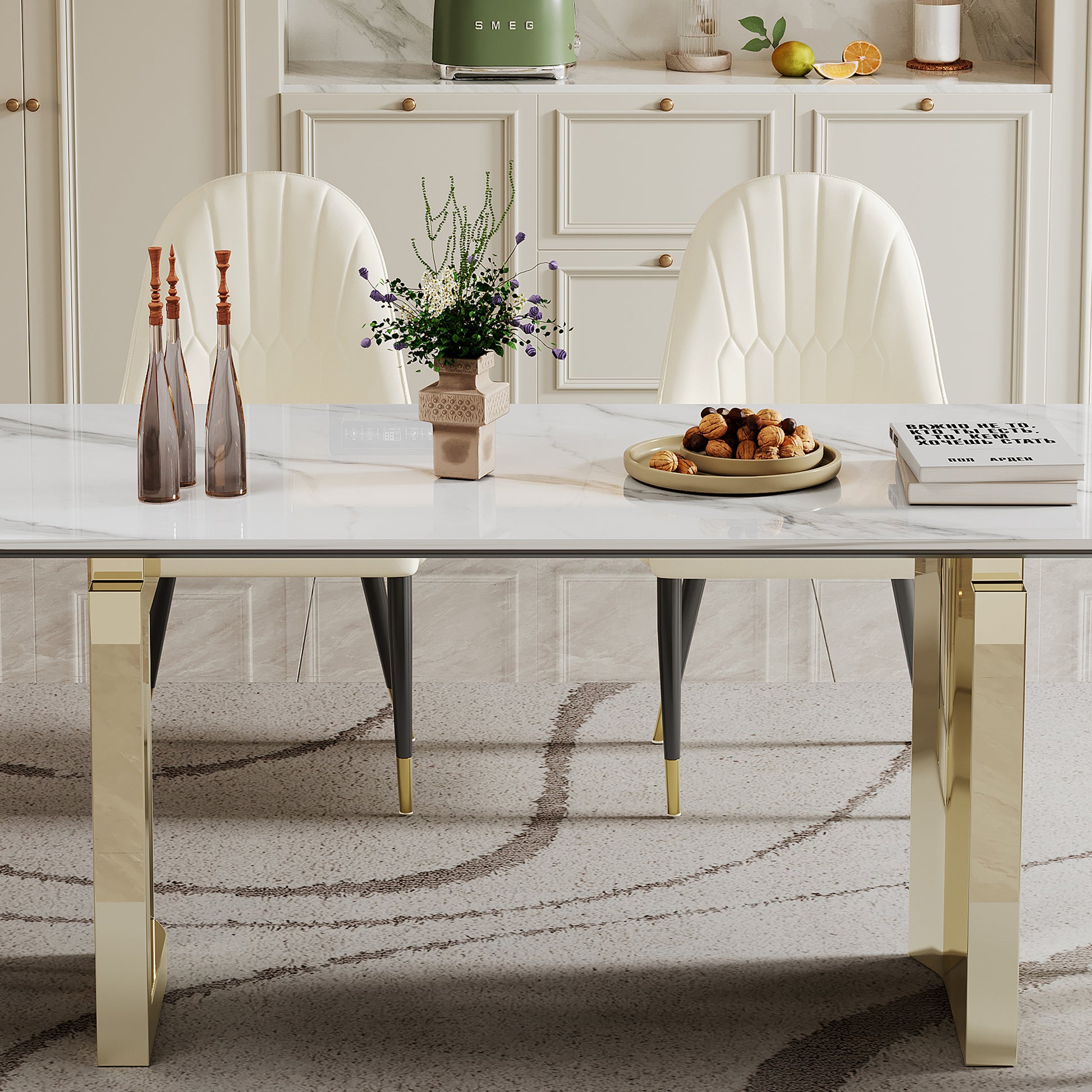 0.47" Thick Sintered Stone Composite Tempered Glass Top Rectangular Dining Table With Stainless Steel Base Gold Sintered Stone