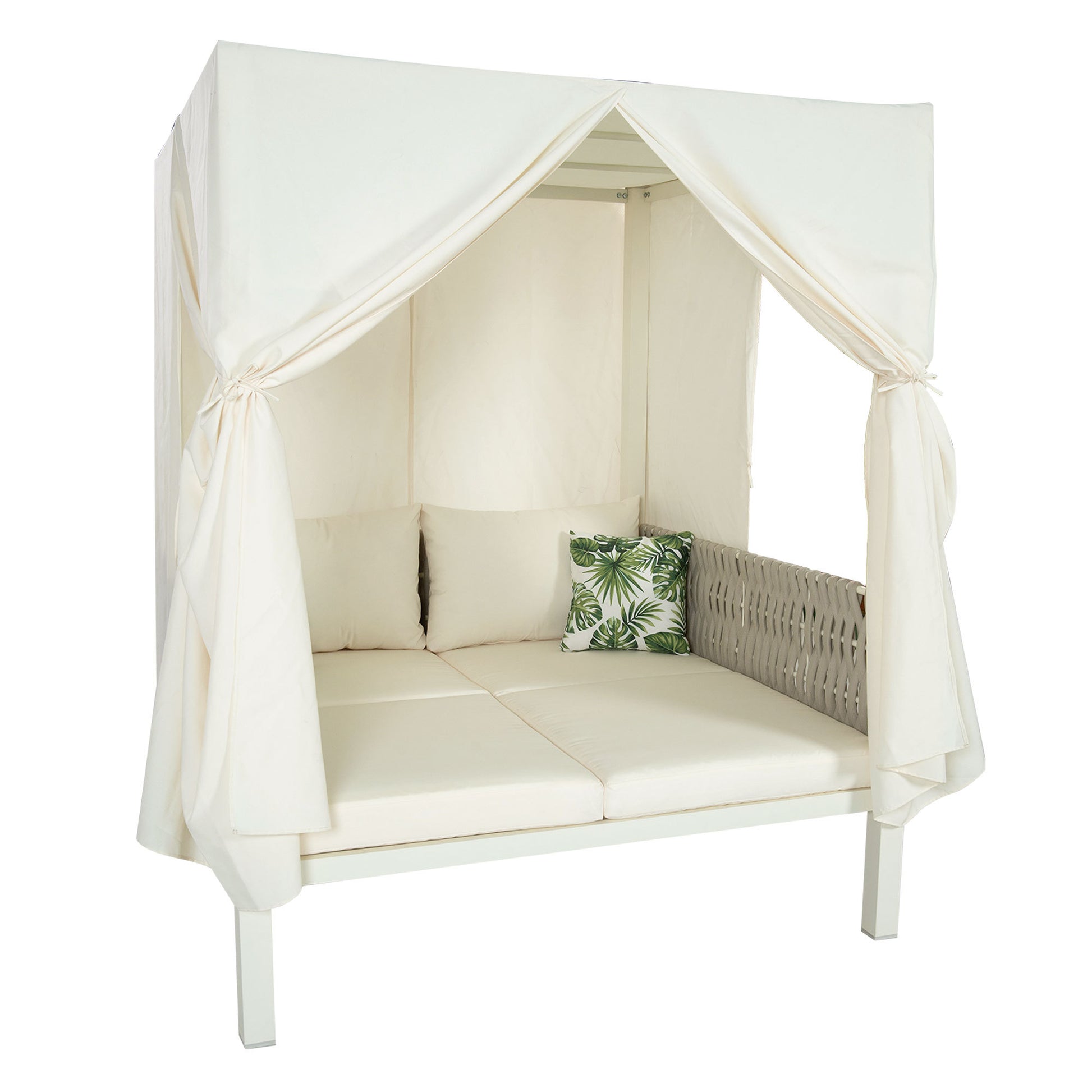 Outdoor Patio Sunbed With Curtains, High Comfort, Suitable For Multiple Scenarios Beige Woven Rope