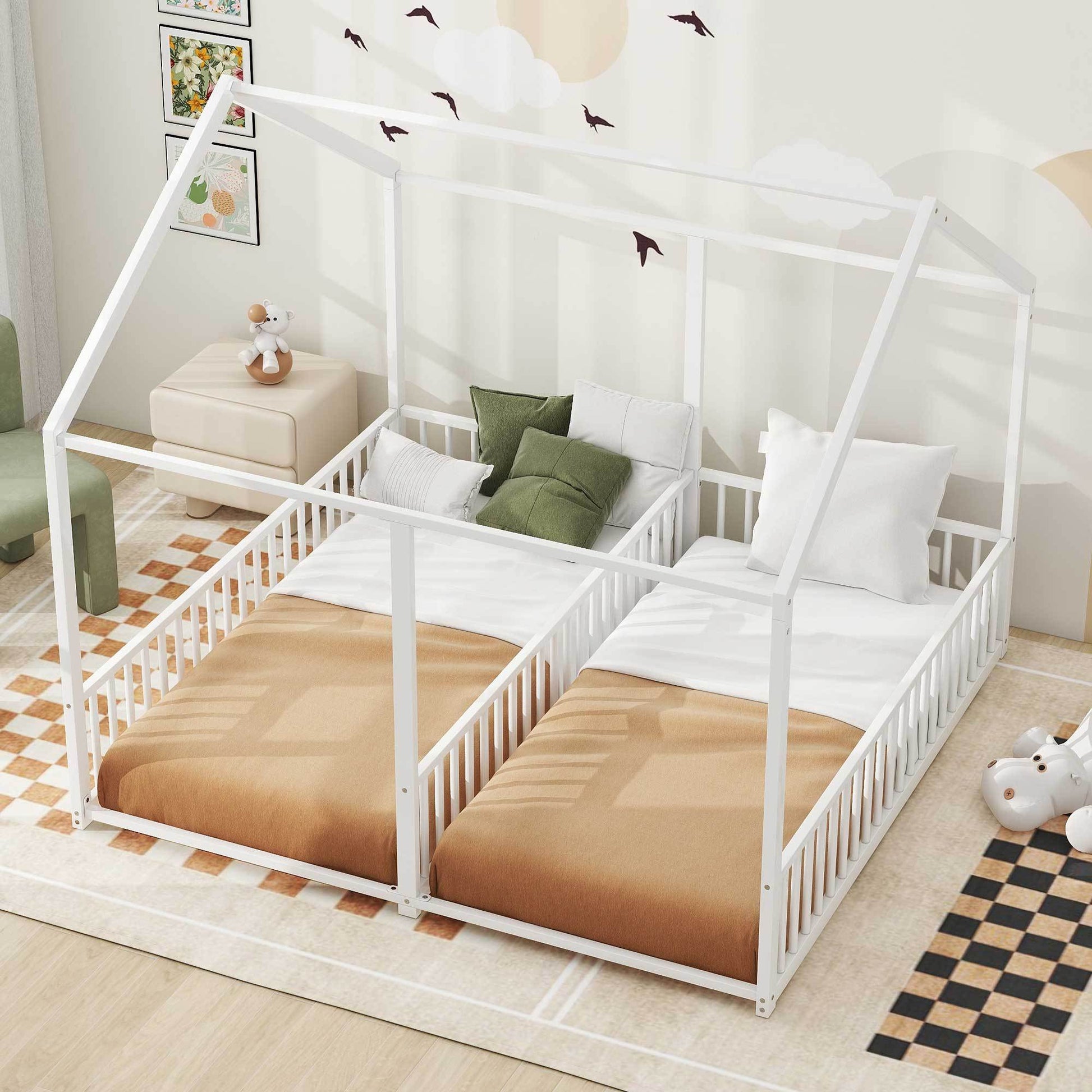 Metal Twin Size House Platform Beds, Two Shared Beds, White Box Spring Not Required Twin Antique White Metal Bedroom Metal
