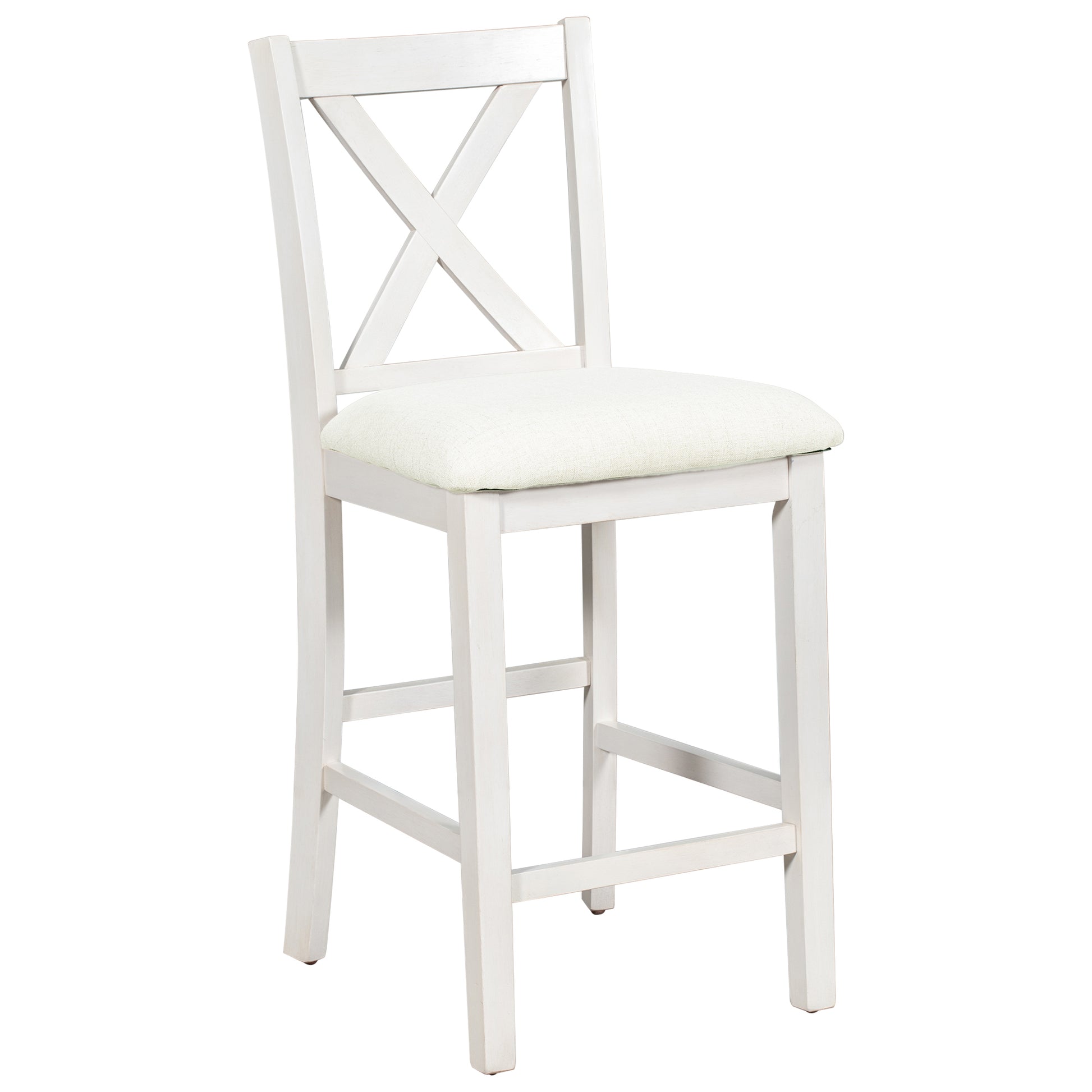 5 Pieces Counter Height Rustic Farmhouse Dining Room Wooden Bar Table Set With 4 Chairs, White White Wood Dining Room Solid Wood Rubberwood Rectangular Dining Table With Chair Upholstered Chair Wood White Solid Back Seats 4 4 Leg Foam Solid Wood