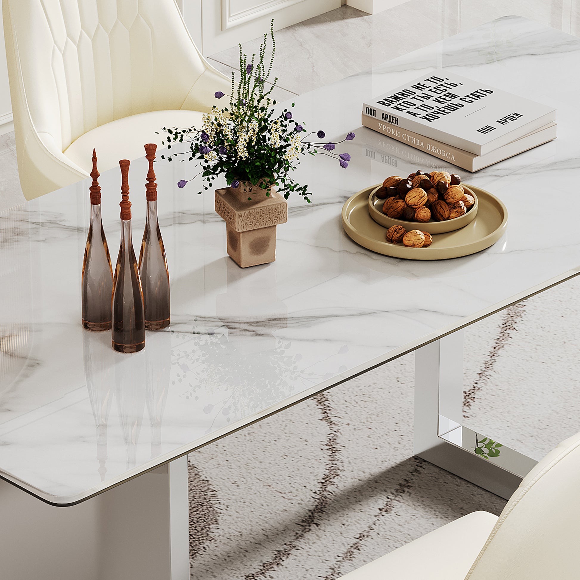 0.47" Thick Sintered Stone Composite Tempered Glass Top Rectangular Dining Table With Stainless Steel Base Gold Sintered Stone