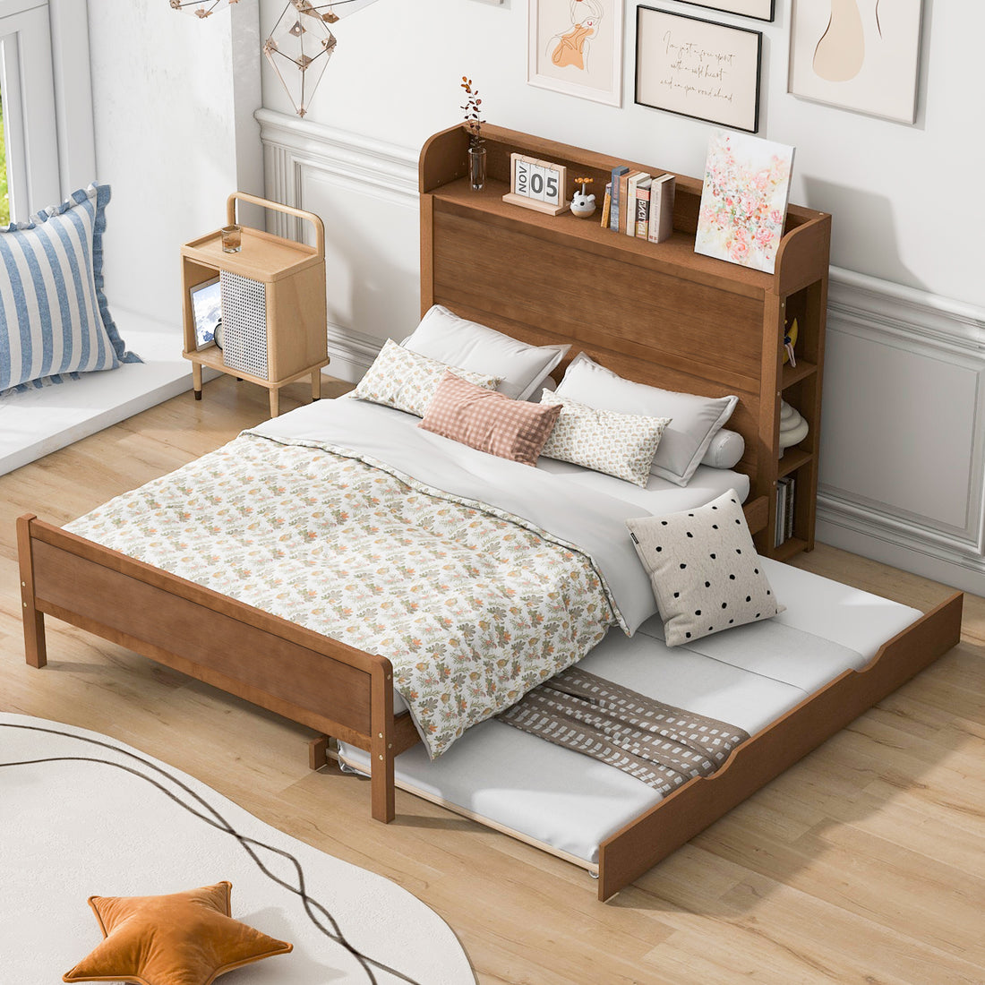 Full Size Platform Bed With Storage Headboard And Twin Size Trundle, Walnut Box Spring Not Required Full Walnut Wood Bedroom Bed Frame Solid Wood Mdf