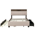 Full Size Upholstered Platform Bed With Storage Headboard, Twin Size Trundle & 2 Drawers And A Set Of Sockets & Usb Ports, Linen Fabric, Beige Beige Linen