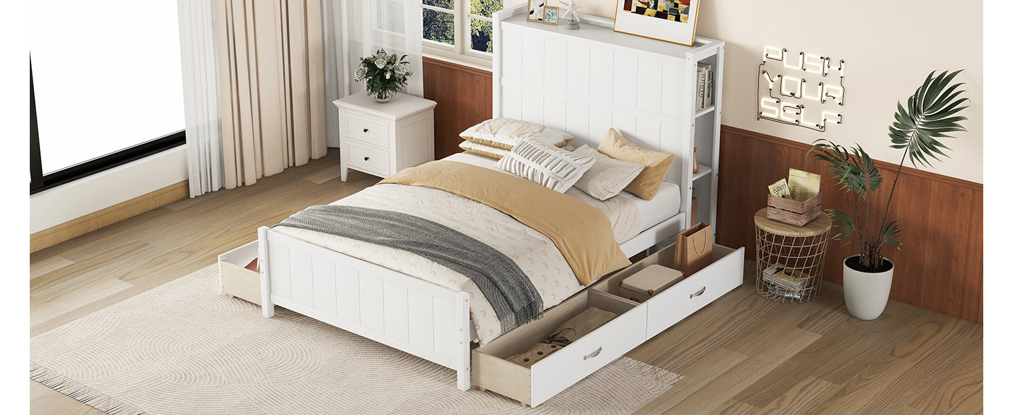 Full Size Platform Bed With Drawers And Storage Shelves, White Antique White Solid Wood Mdf