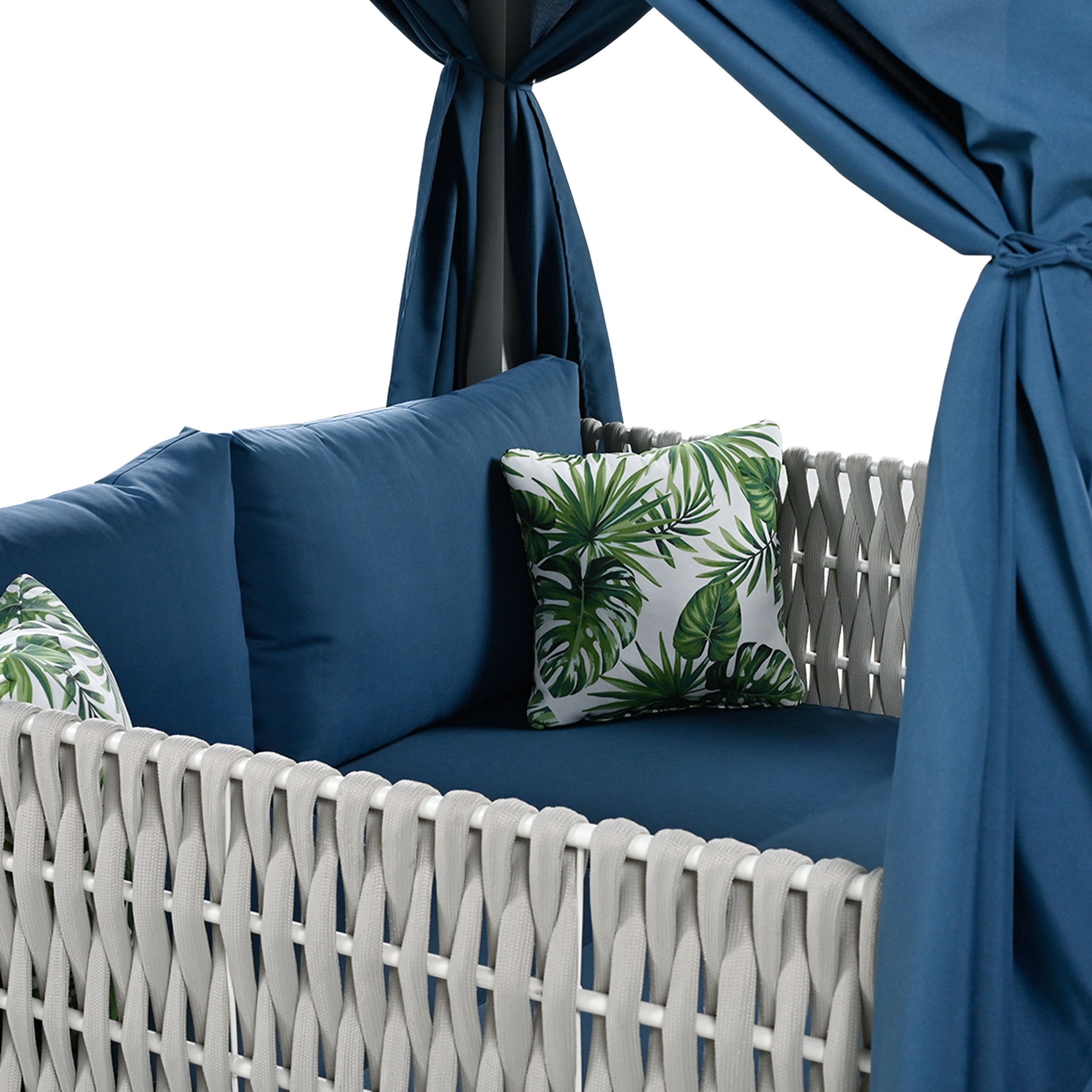 Outdoor Patio Sunbed With Curtains, High Comfort, Suitable For Multiple Scenarios Blue Woven Rope