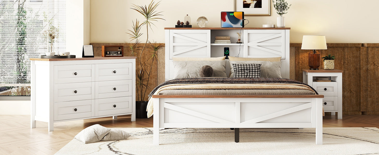 3 Pieces Bedroom Sets Queen Size Farmhouse Platform Bed With Double Sliding Door Storage Headboard, Storage Nightstand And Dresser, White Brown Queen White 3 Piece Set Particle Board