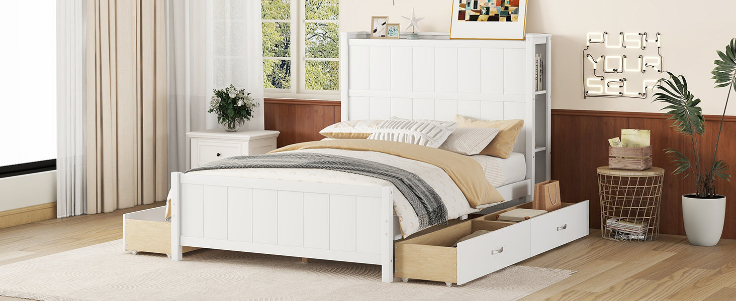 Full Size Platform Bed With Drawers And Storage Shelves, White Antique White Solid Wood Mdf
