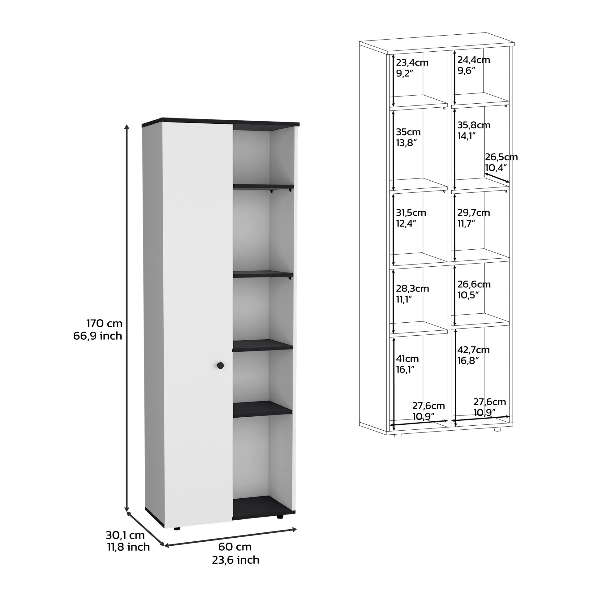 Cary 67" H Kitchen Storage Cabinet With One Door, Five Interior Shelves And Five Exterior Shelves,White Black White Black Particle Board Pine