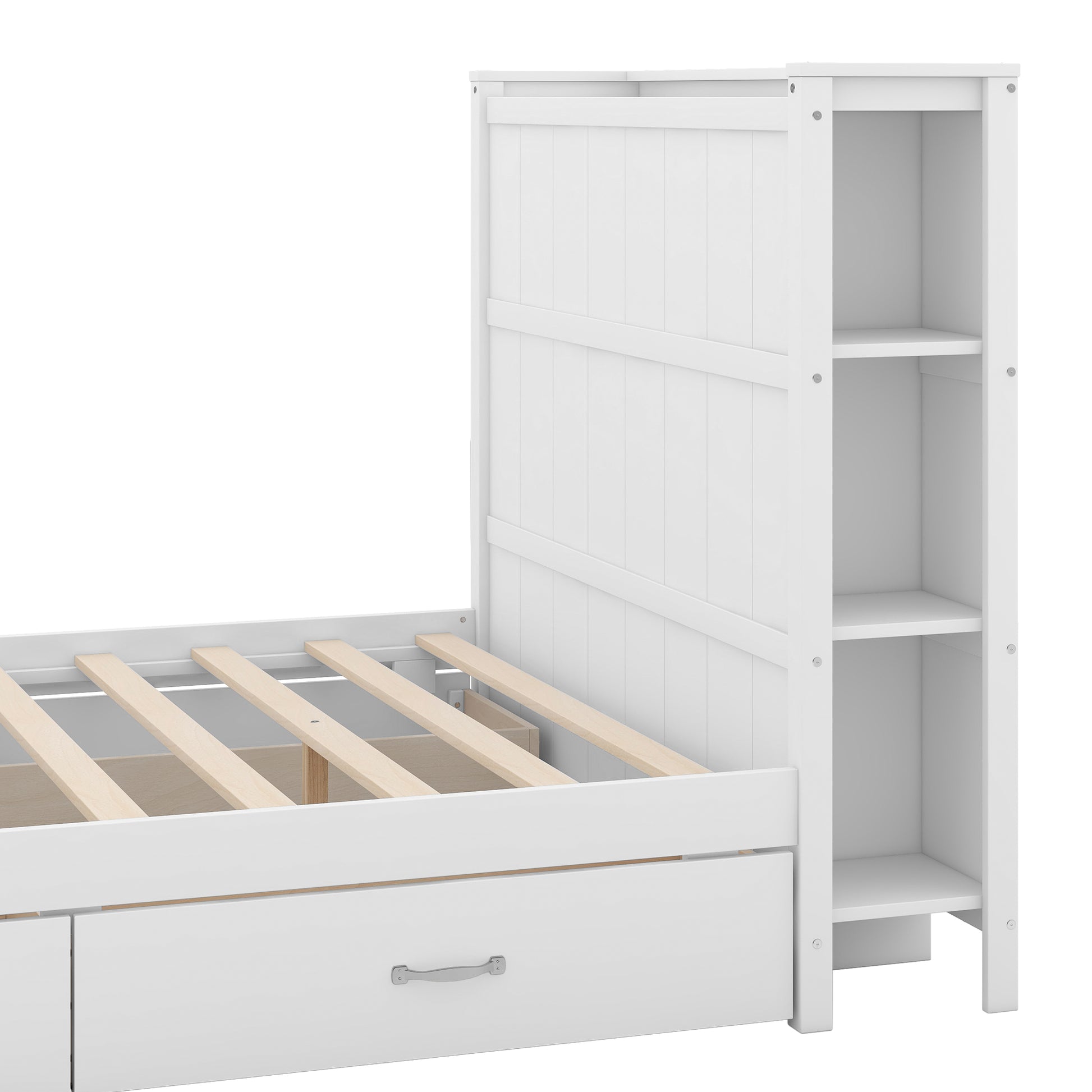 Full Size Platform Bed With Drawers And Storage Shelves, White Antique White Solid Wood Mdf