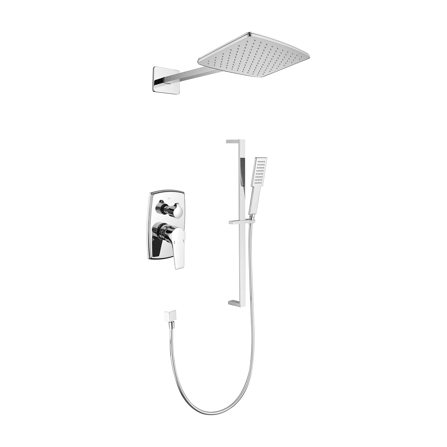 Shower System With Shower Head, Hand Shower, Slide Bar, Shower Arm, Hose, Valve Trim, And Lever Handles Chrome Wall Mounted Bathroom Brass