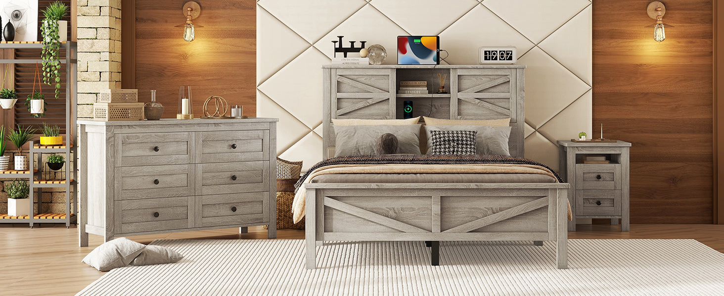 3 Pieces Bedroom Sets Full Size Farmhouse Platform Bed With Double Sliding Door Storage Headboard And Charging Station, Storage Nightstand And Dresser, Antique Gray Full Antique Gray 3 Piece Set Particle Board