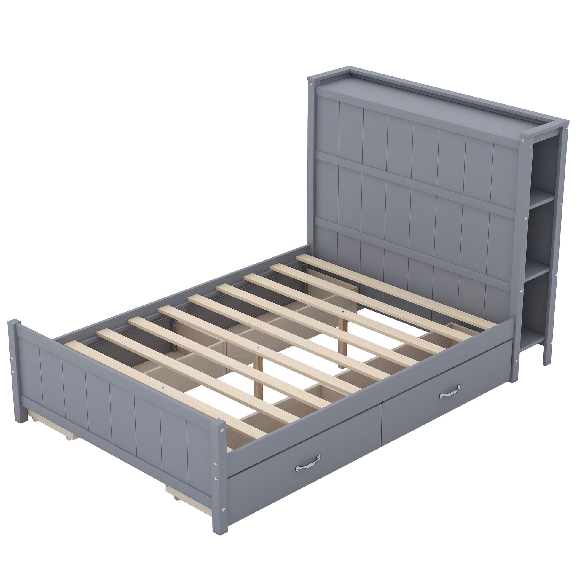 Full Size Platform Bed With Drawers And Storage Shelves, Gray Gray Solid Wood Mdf