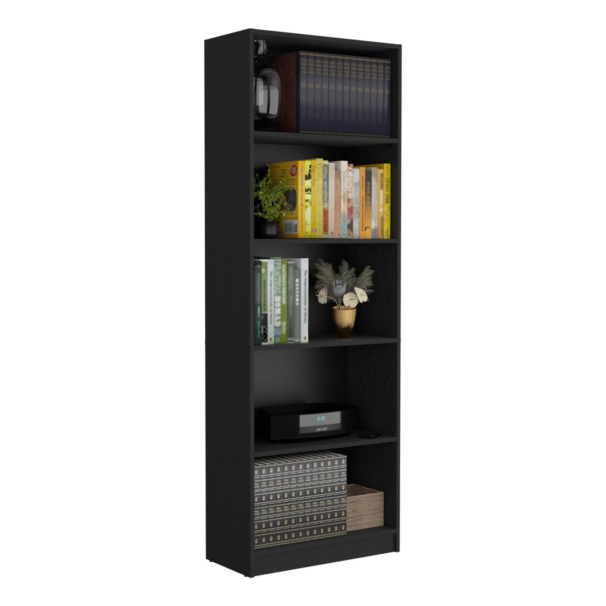 Vinton 4 Tier Bookcase With Modern Storage For Books And Decor, Black Black Particle Board Pine