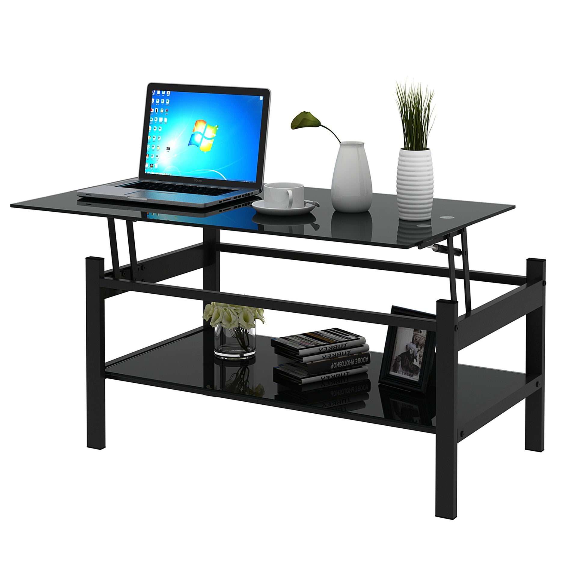Glass Lift Top Coffee Table, Modern Simple 2 Layer Tempered Glass Coffee Table For Living Room, Black Black Glass Metal