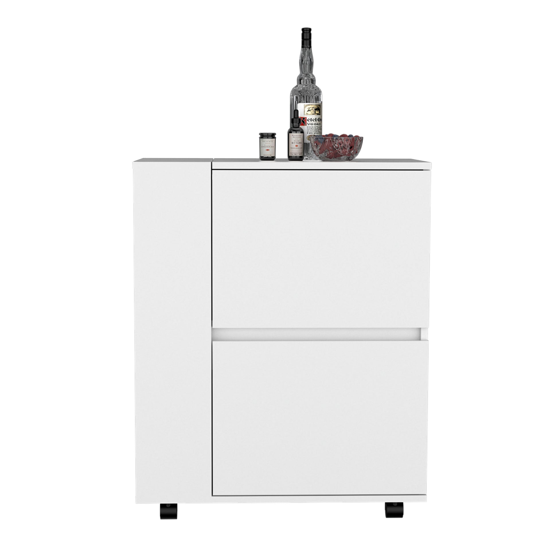 Bar Cart Two Pull Down Door Cabinets And Two Open Shelves,White White Particle Board Pine