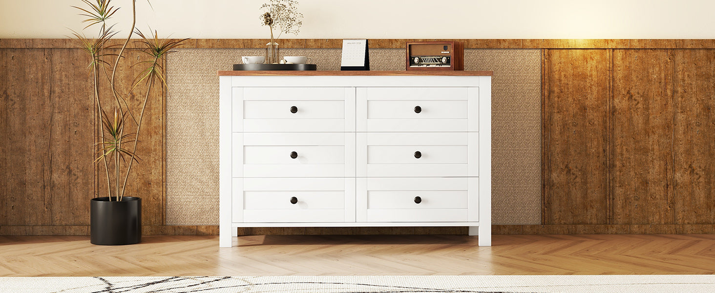 Retro Farmhouse Style Wooden Dresser With 6 Drawer, Storage Cabinet For Bedroom, White Brown White Particle Board