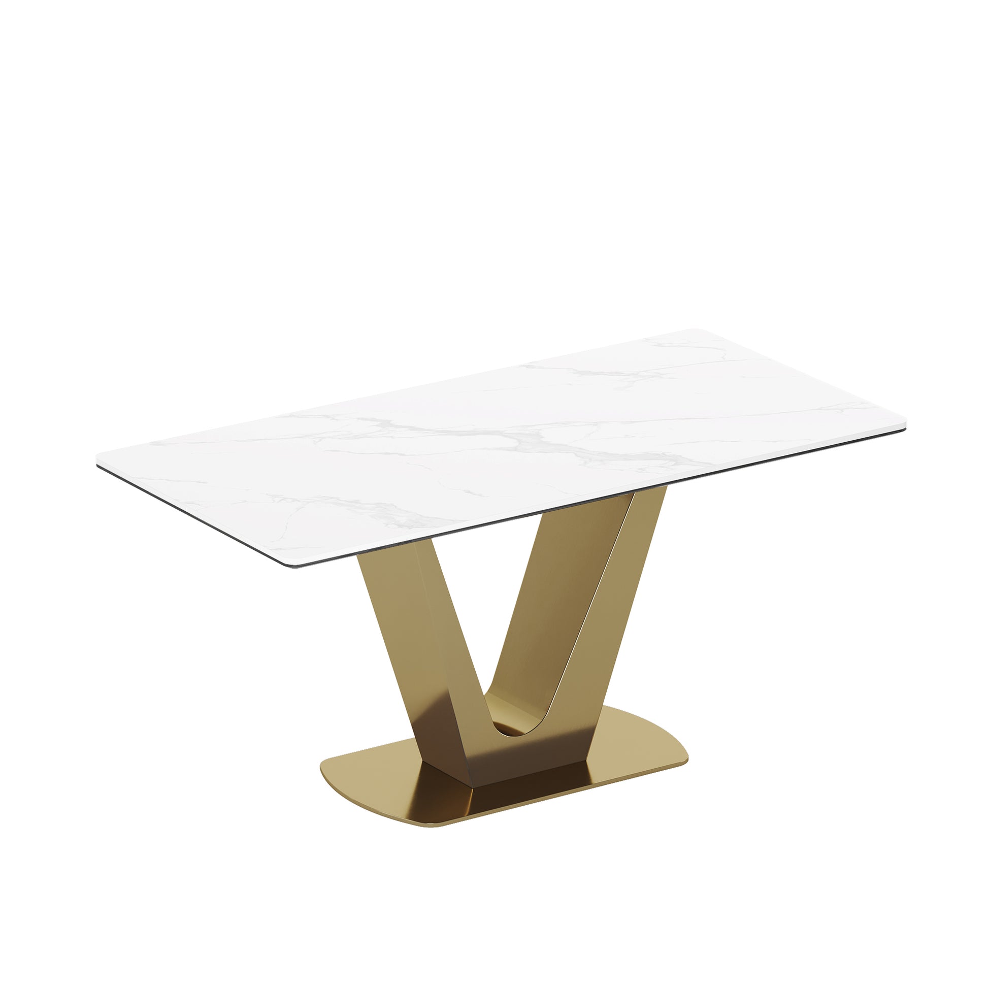 0.47" Thick Sintered Stone Composite Tempered Glass Top Dining Table With V Shape Stainless Steel Base Gold Sintered Stone