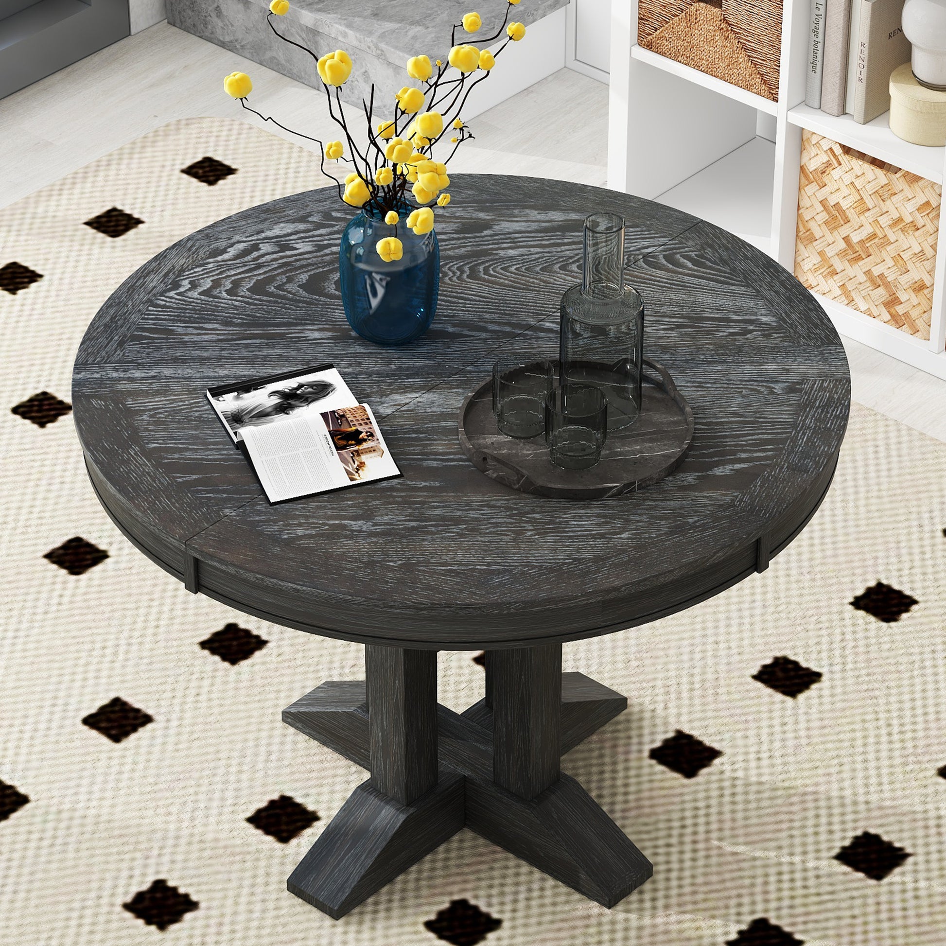 Farmhouse Dining Table Extendable Round Table For Kitchen, Dining Room Black Black Solid Wood Mdf