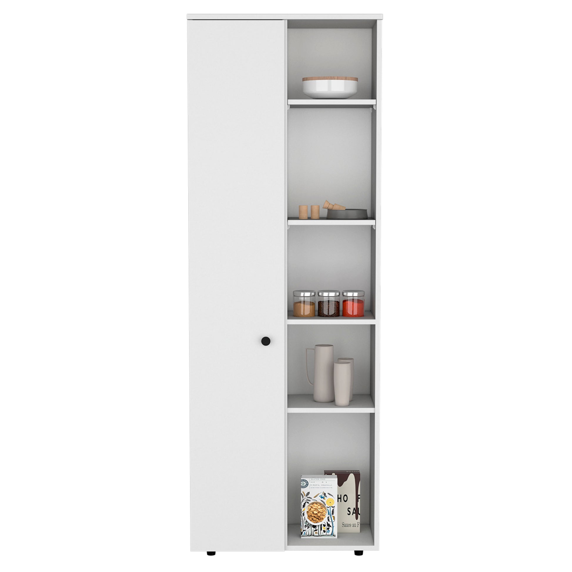 Cary 67" H Kitchen Storage Cabinet With One Door, Five Interior Shelves And Five Exterior Shelves,White White Particle Board Pine