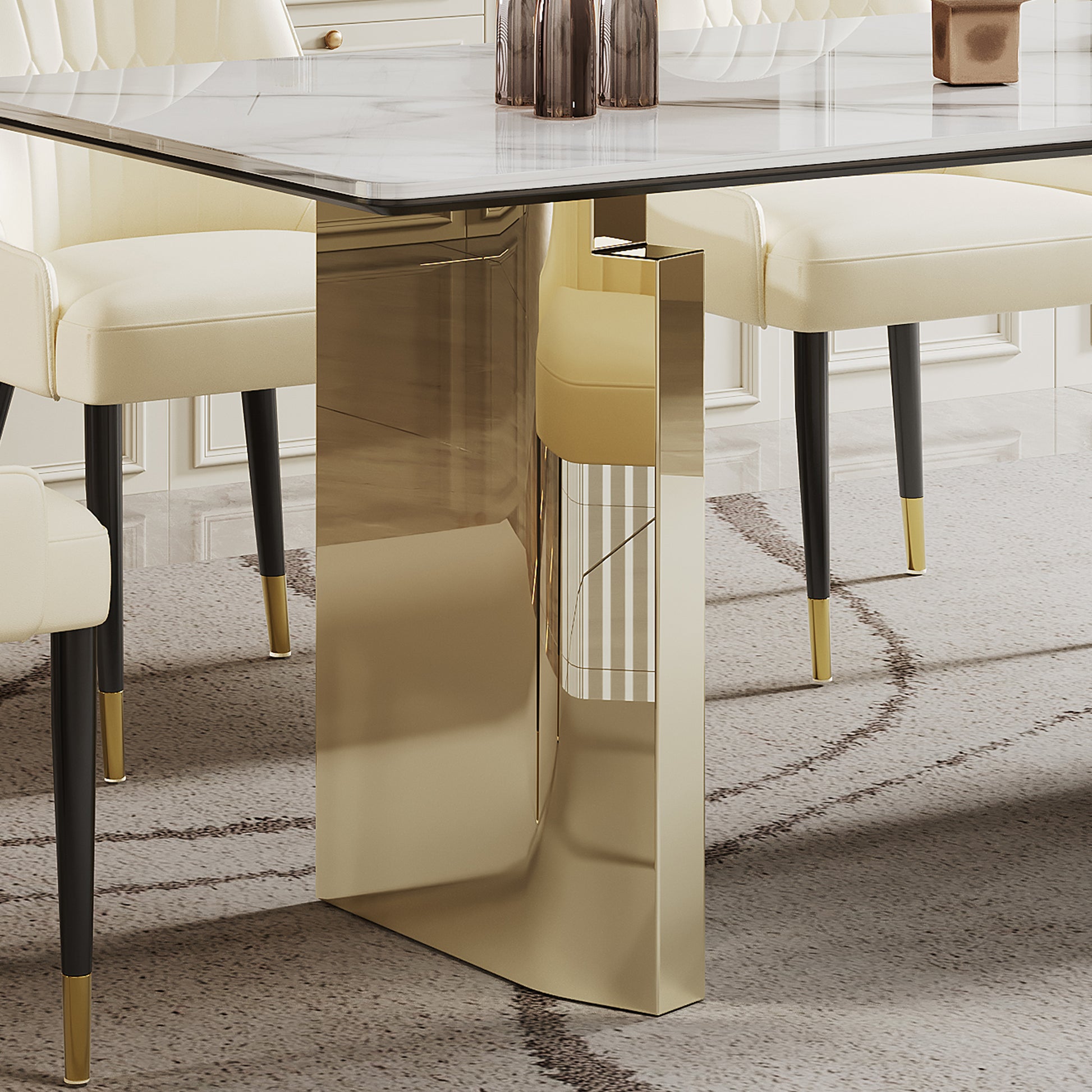 0.47" Thick Sintered Stone Composite Tempered Glass Top Rectangular Dining Table With Stainless Steel Base Gold Sintered Stone