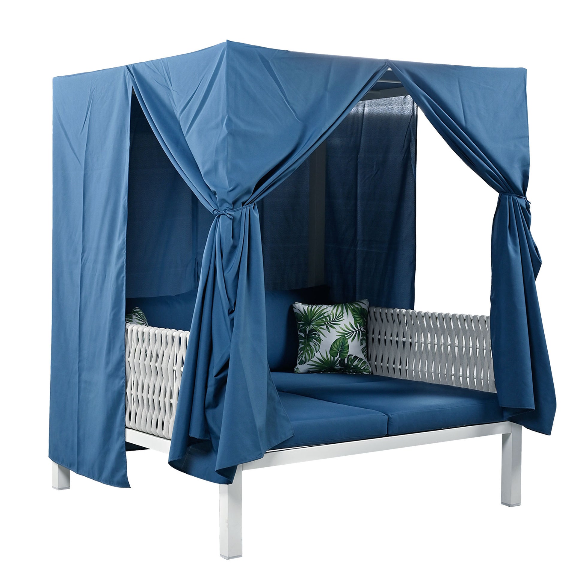 Outdoor Patio Sunbed With Curtains, High Comfort, Suitable For Multiple Scenarios Blue Woven Rope