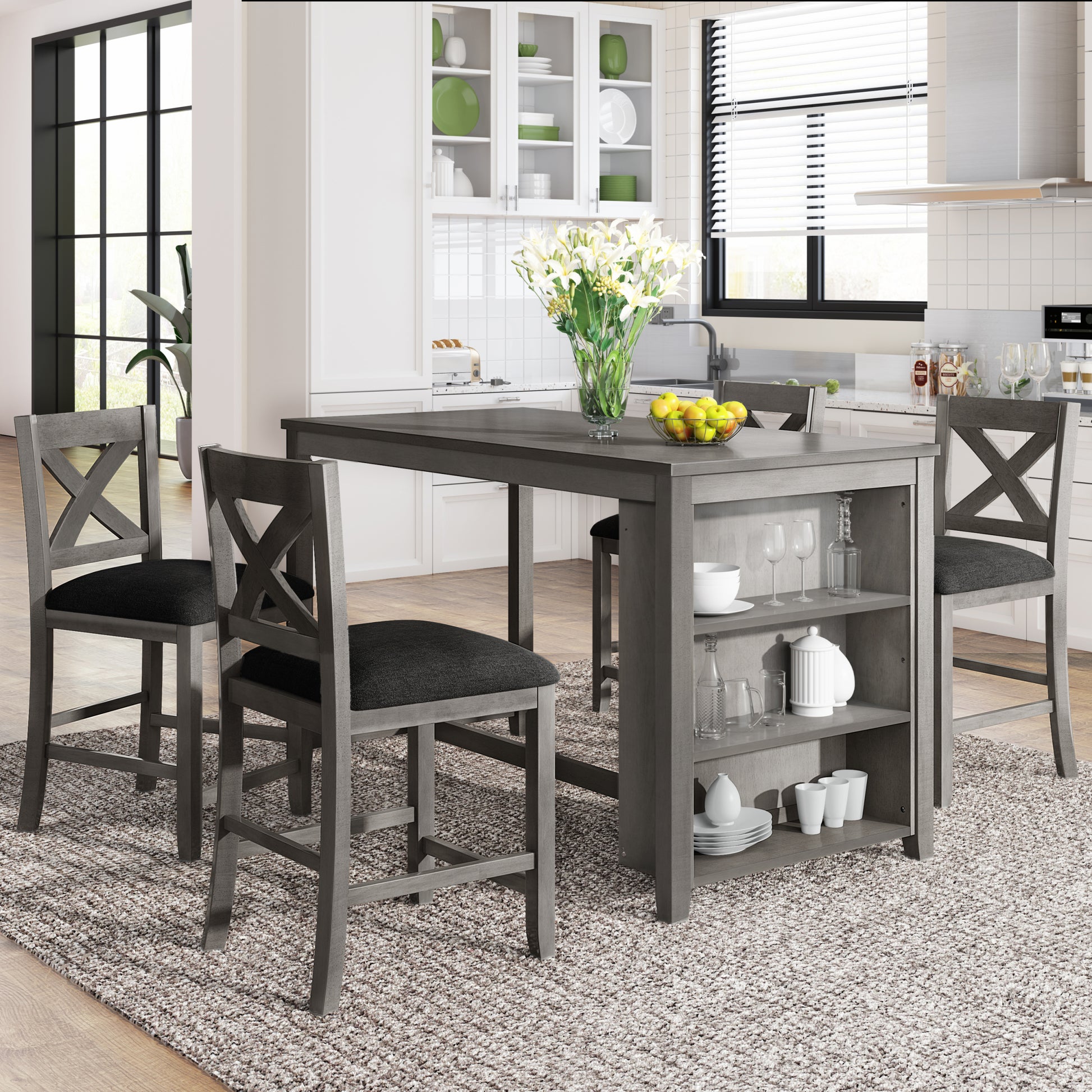 5 Pieces Counter Height Rustic Farmhouse Dining Room Wooden Bar Table Set With 4 Chairs, Gray Gray Wood Dining Room Solid Wood Rubberwood Rectangular Dining Table With Chair Upholstered Chair Wood Gray Solid Back Seats 4 4 Leg Foam Solid Wood