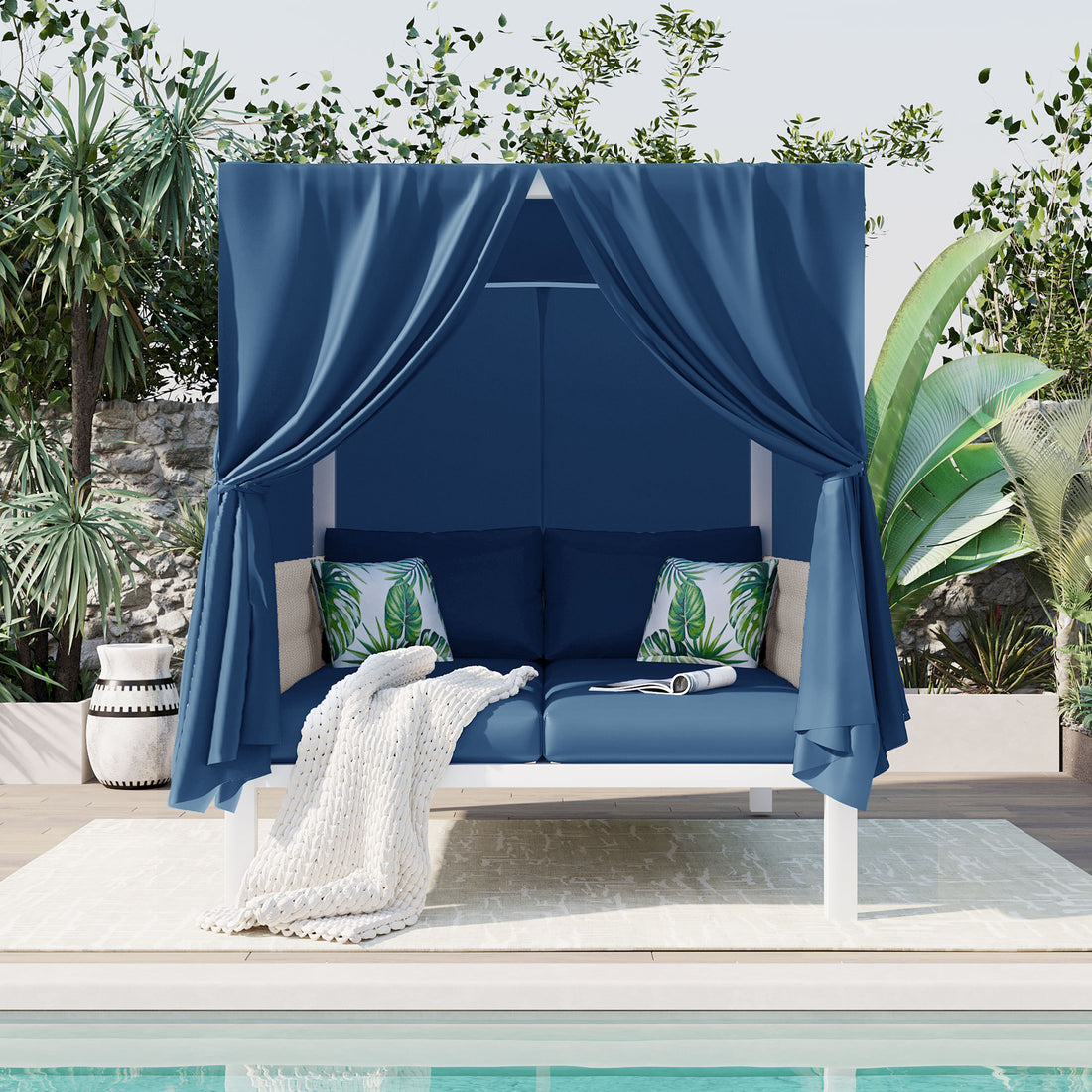 Outdoor Patio Sunbed With Curtains, High Comfort, Suitable For Multiple Scenarios Blue Woven Rope