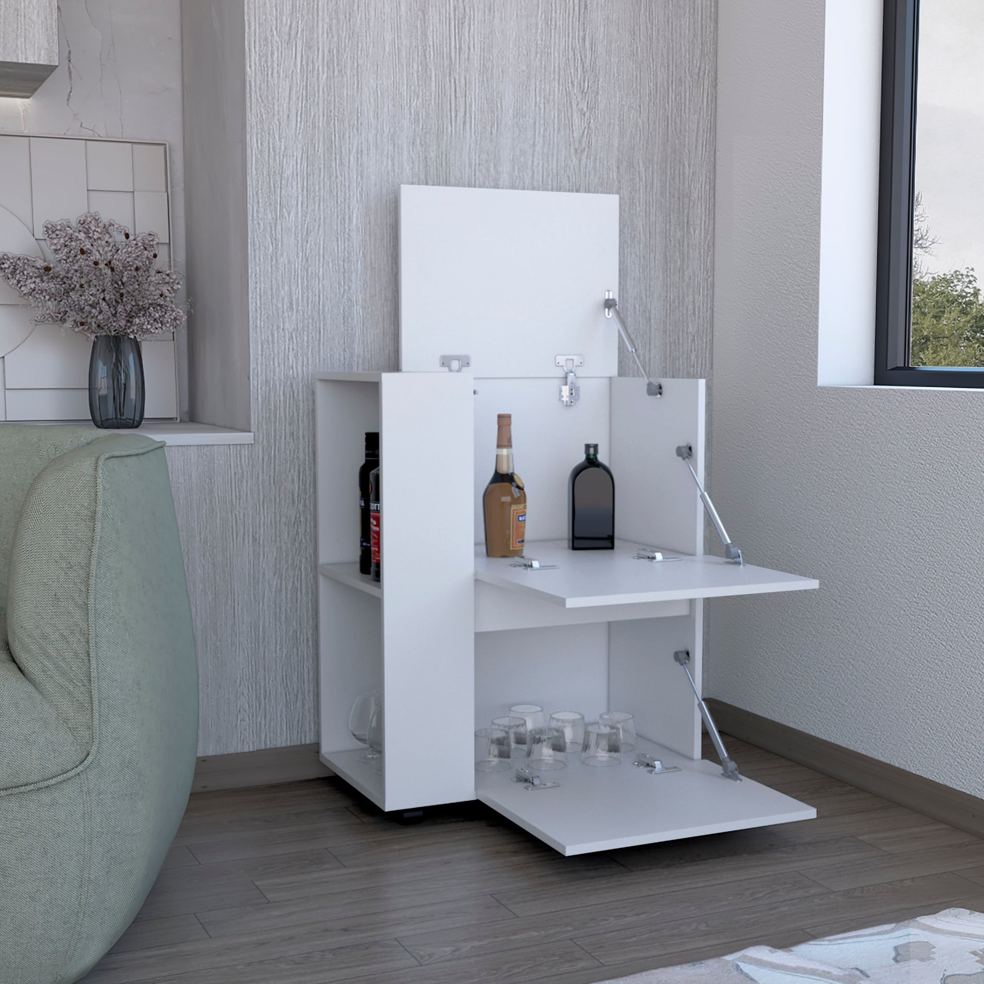 Bar Cart Two Pull Down Door Cabinets And Two Open Shelves,White White Particle Board Pine