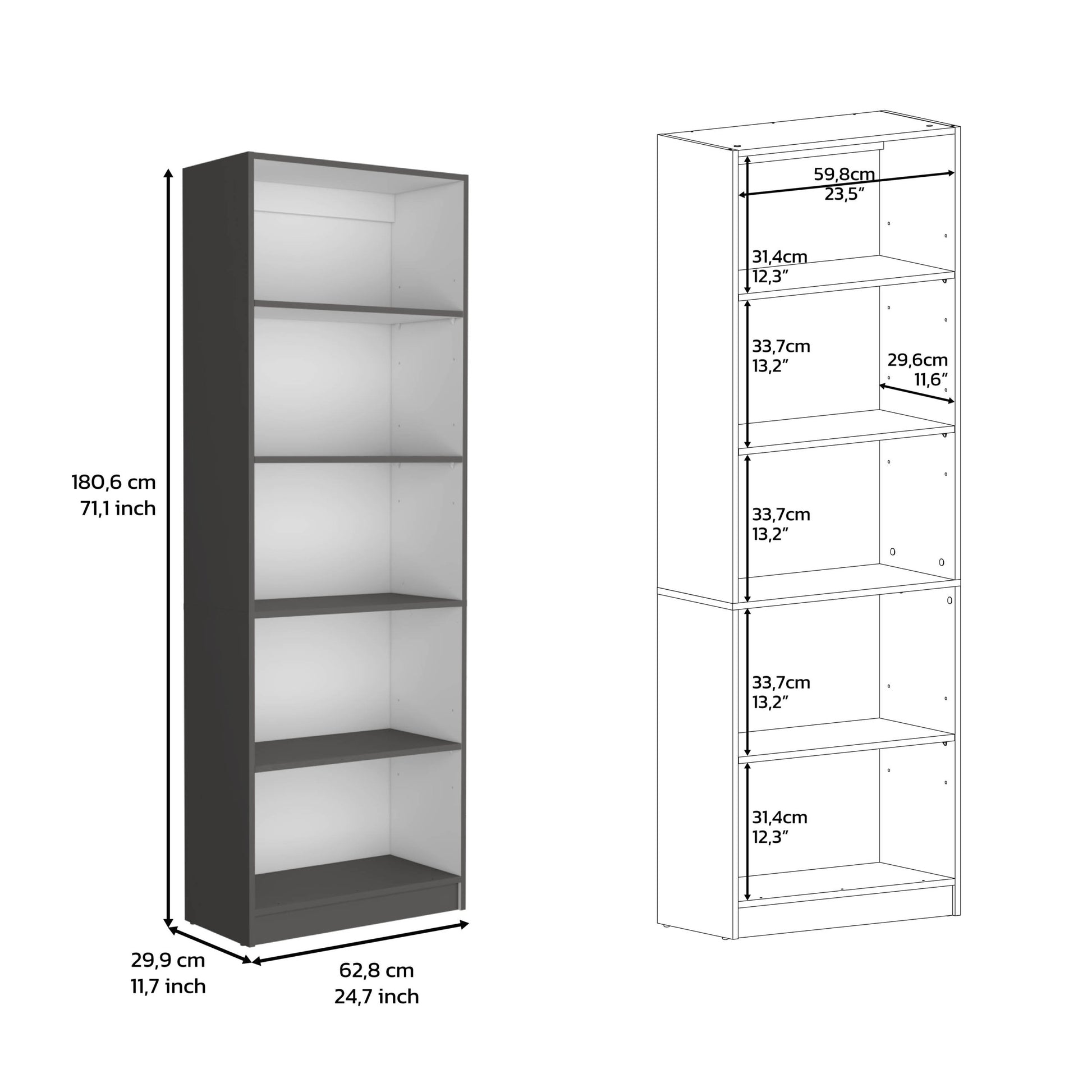 Vinton 4 Tier Bookcase With Modern Storage For Books And Decor, Matt Gray White Multicolor Particle Board Pine