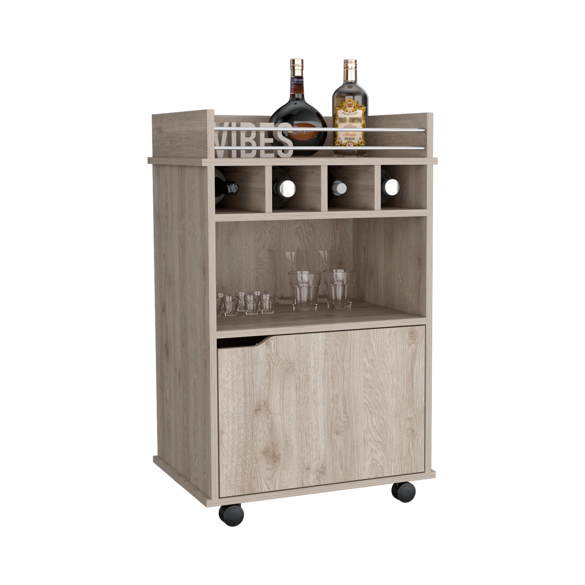 Sims 35" H Bar Cart With Two Shelves Four Wine Cubbies And One Cabinet,Light Pine Beige Particle Board Pine