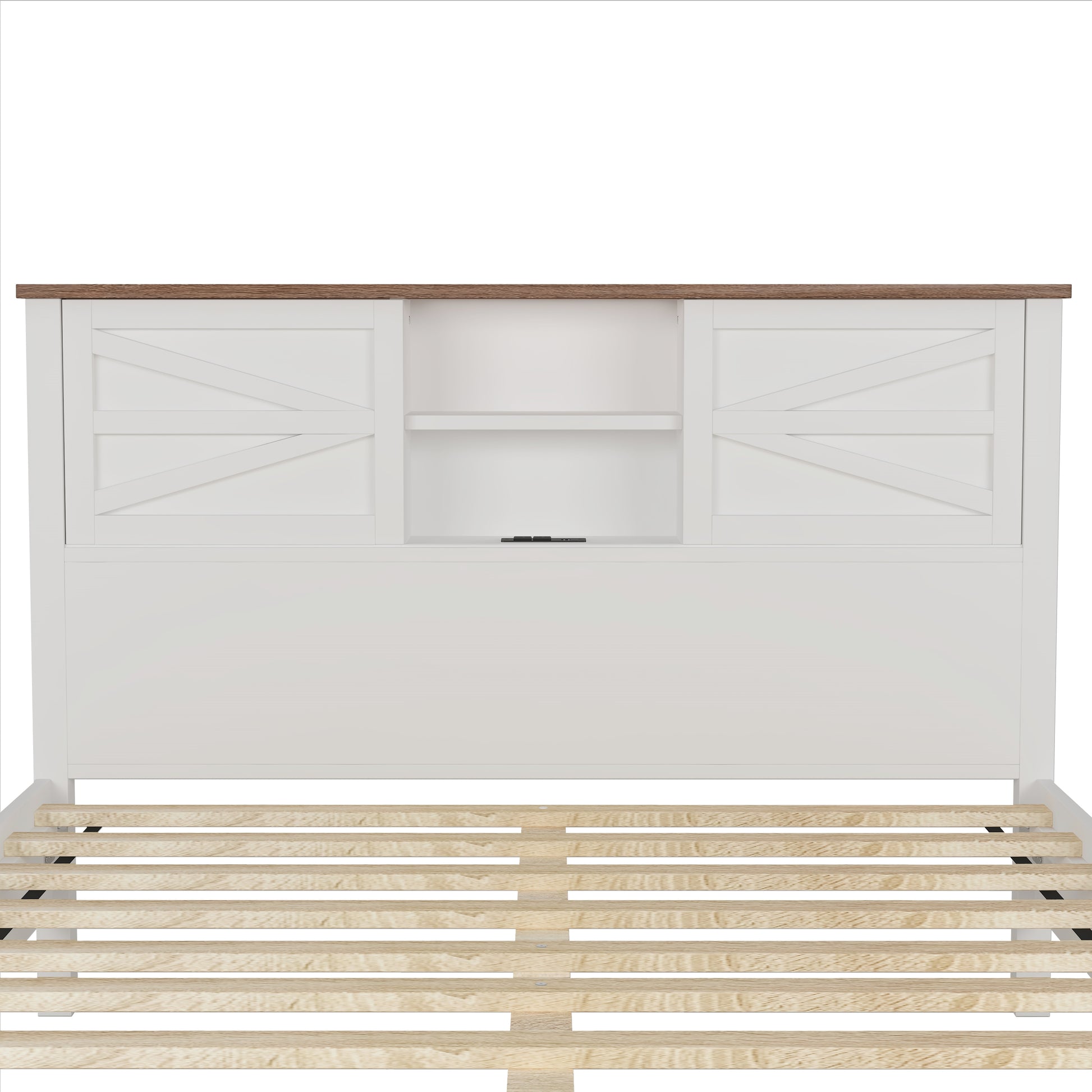 Farmhouse Platform Bed With Double Sliding Barn Door, Full Size Rustic Wood Bed Withcharging Station, Wood Slats Support, White Brown White Particle Board