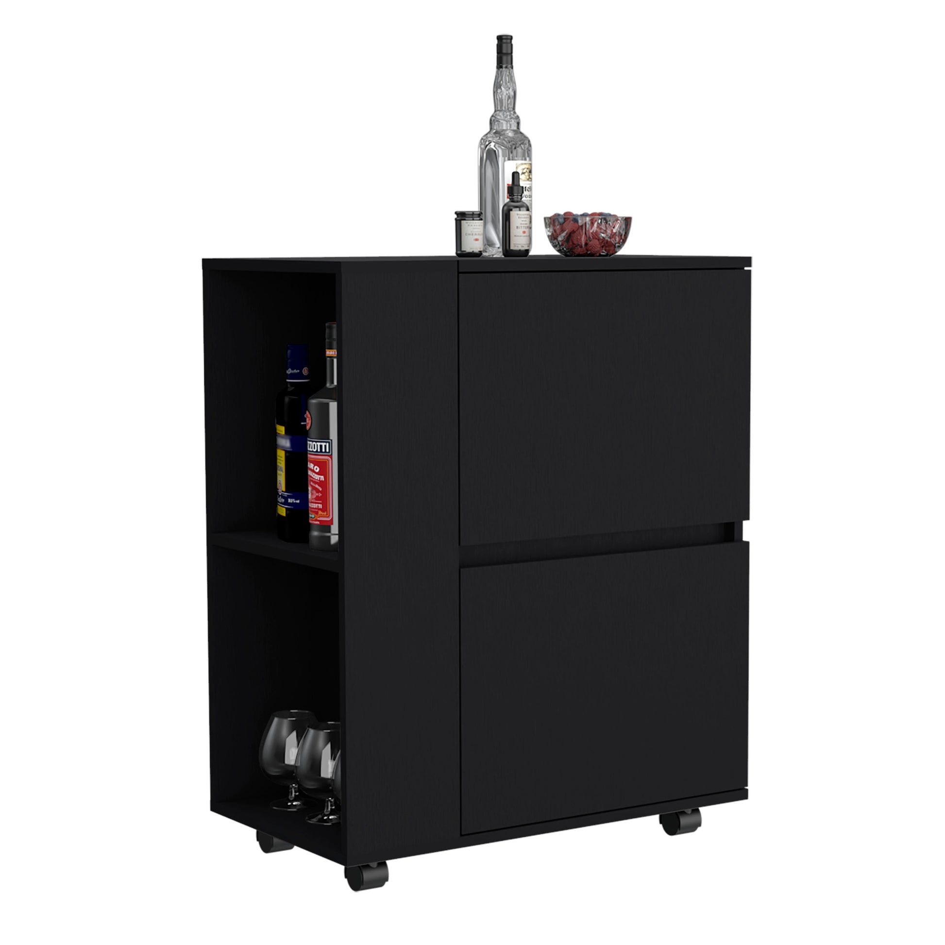 Depot E Shop Tully Bar Cart Two Pull Down Door Cabinets And Two Open Shelves,Black Black Particle Board Pine