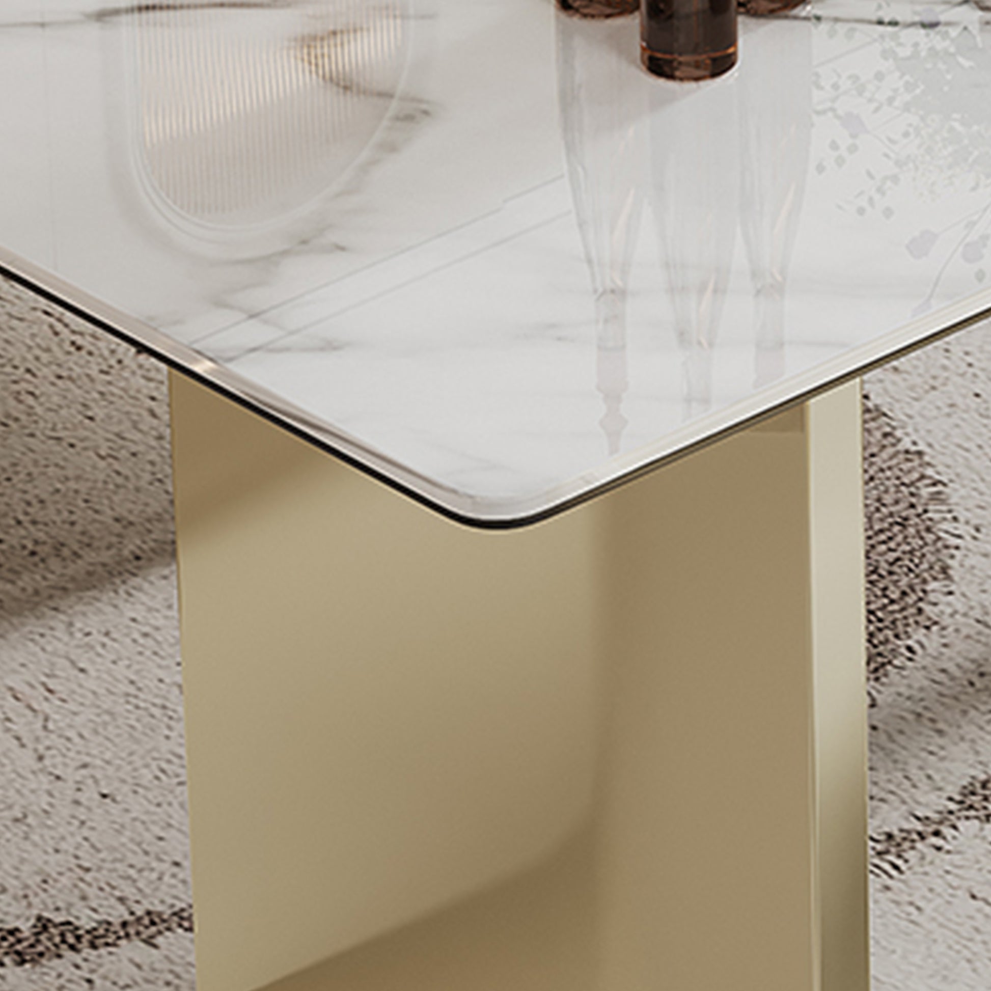 0.47" Thick Sintered Stone Composite Tempered Glass Top Rectangular Dining Table With Stainless Steel Base Gold Sintered Stone