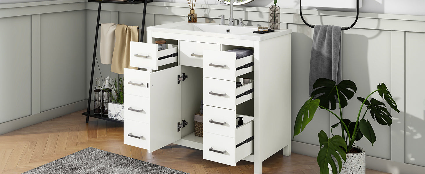 36 Inch Modern Bathroom Vanity Cabinet With Multifunctional Storage Space 5 Drawers And 1 Door White Solid Wood Mdf Resin