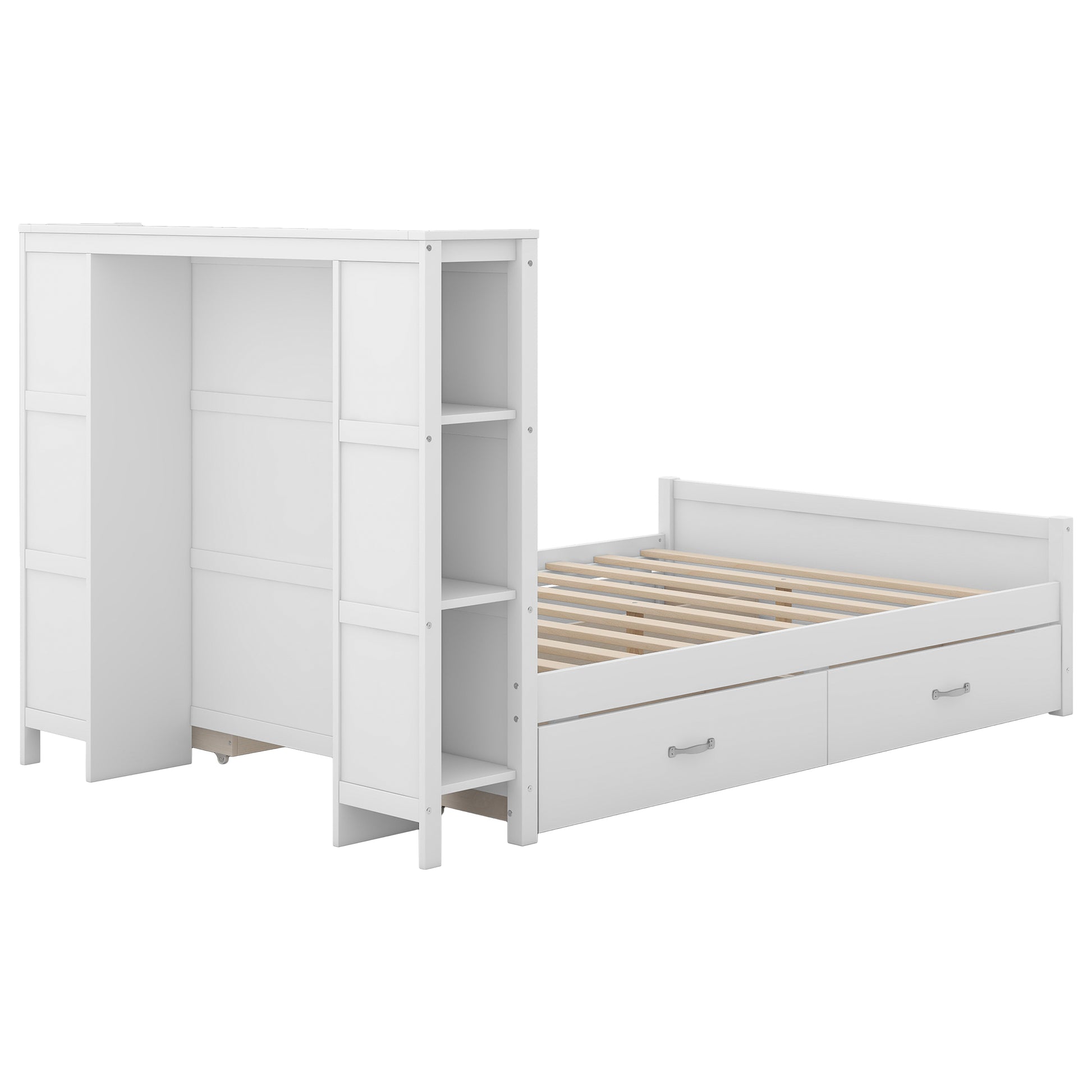 Full Size Platform Bed With Drawers And Storage Shelves, White Antique White Solid Wood Mdf