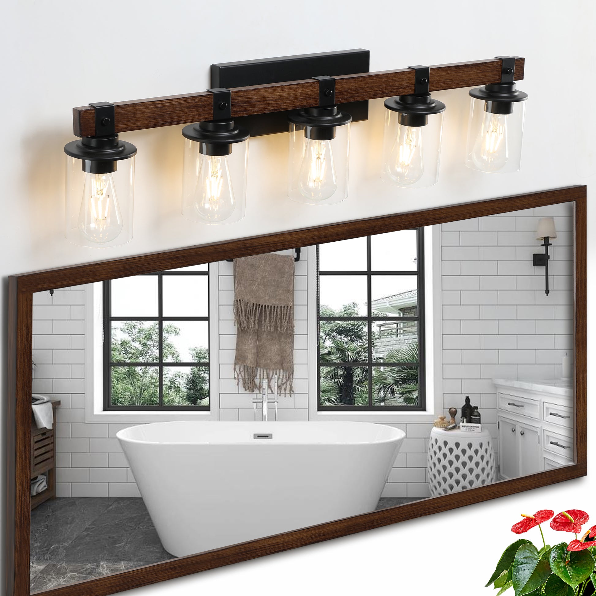 Same As W1340P155972 L1015 5 5 Lights Farmhouse Vanity Lights Fixture Rustic Bathroom Light Fixture Bathroom Sconce Without Bulbs Walnut Black Farmhouse Glass,Iron