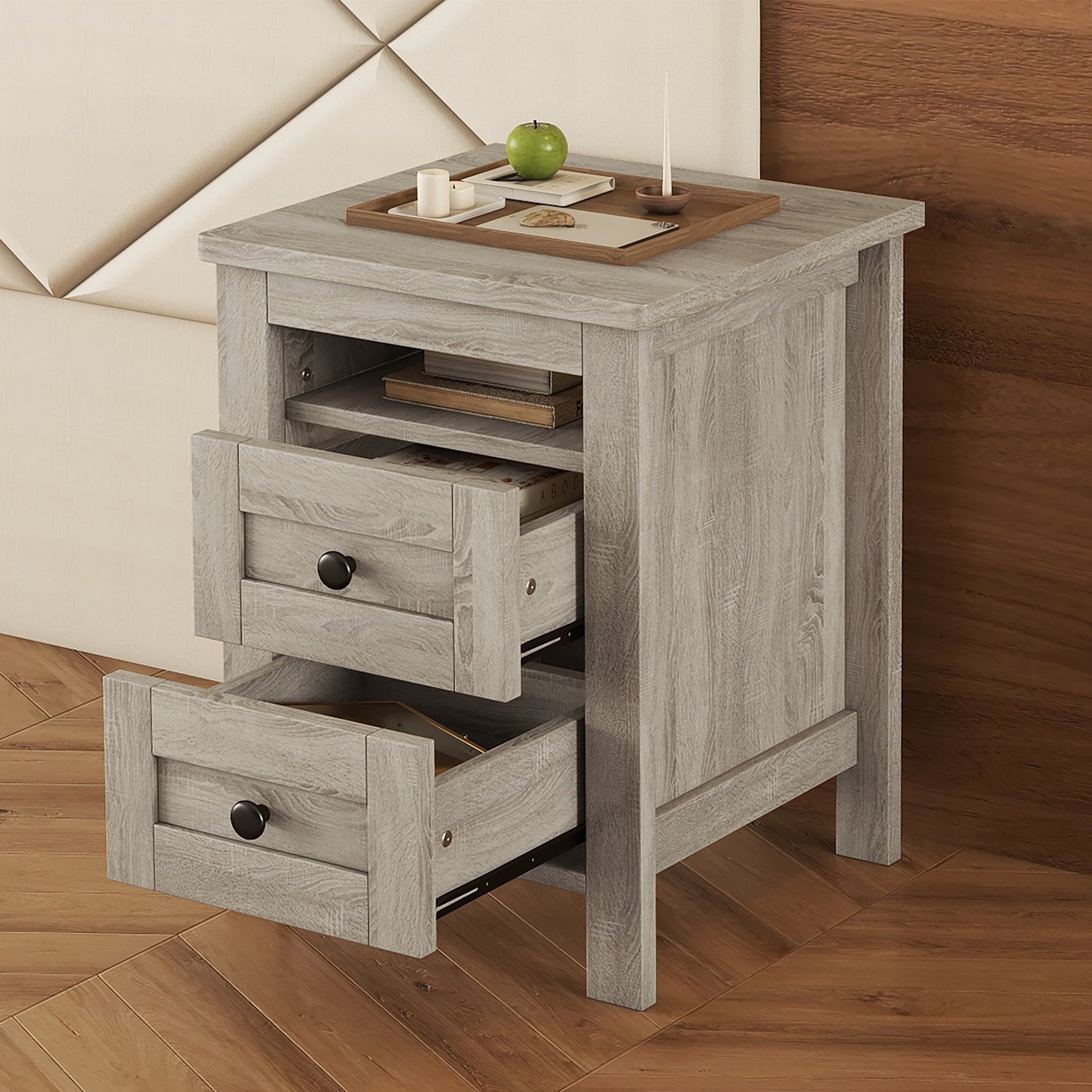 2 Drawer Farmhouse Wooden Nightstand With Well Proportioned Design And Sleek Lines, Wood Side Table With Storage Cabinet For Bedroom, Antique Gray Antique Gray Particle Board