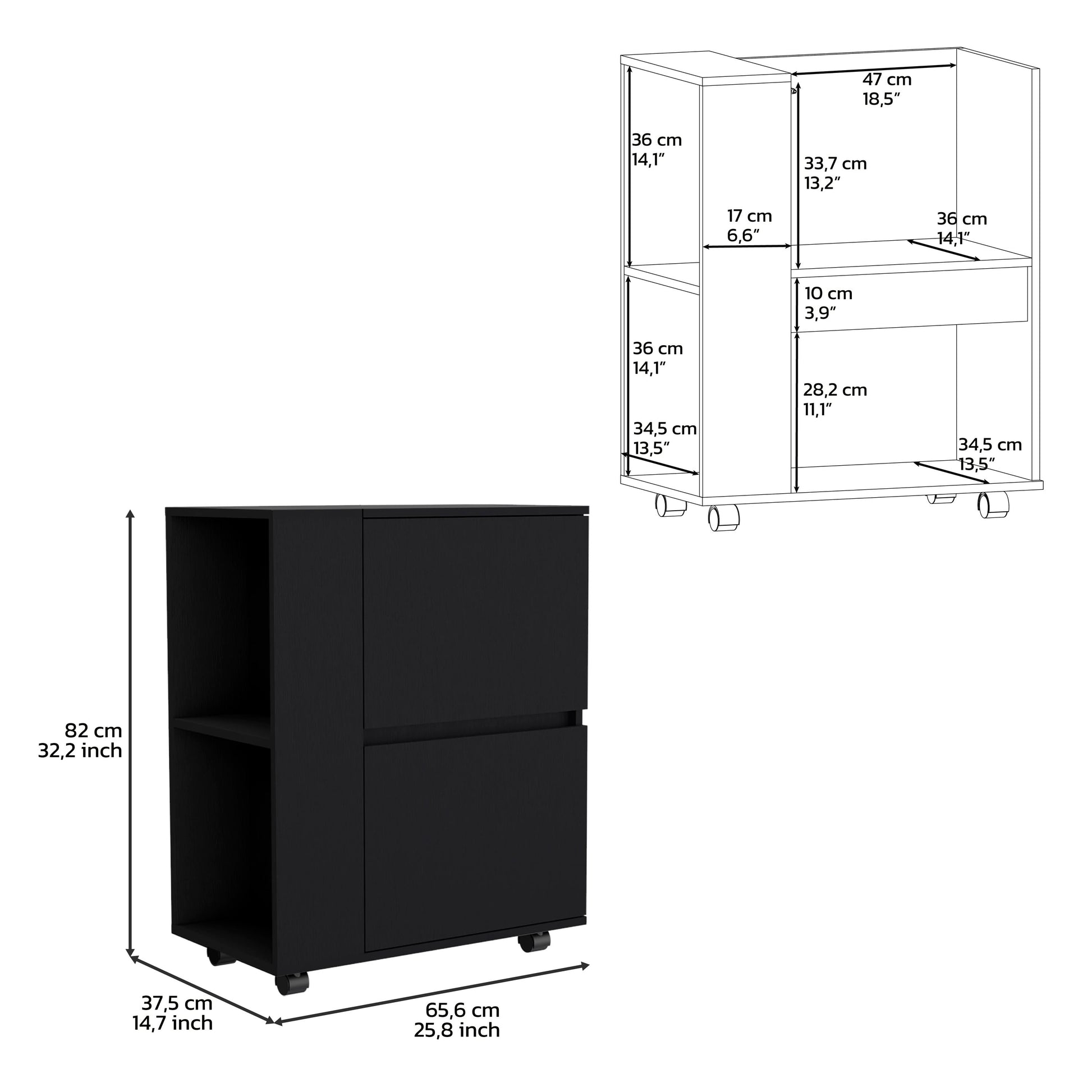 Tully Bar Cart Two Pull Down Door Cabinets And Two Open Shelves,Black Black Particle Board Pine