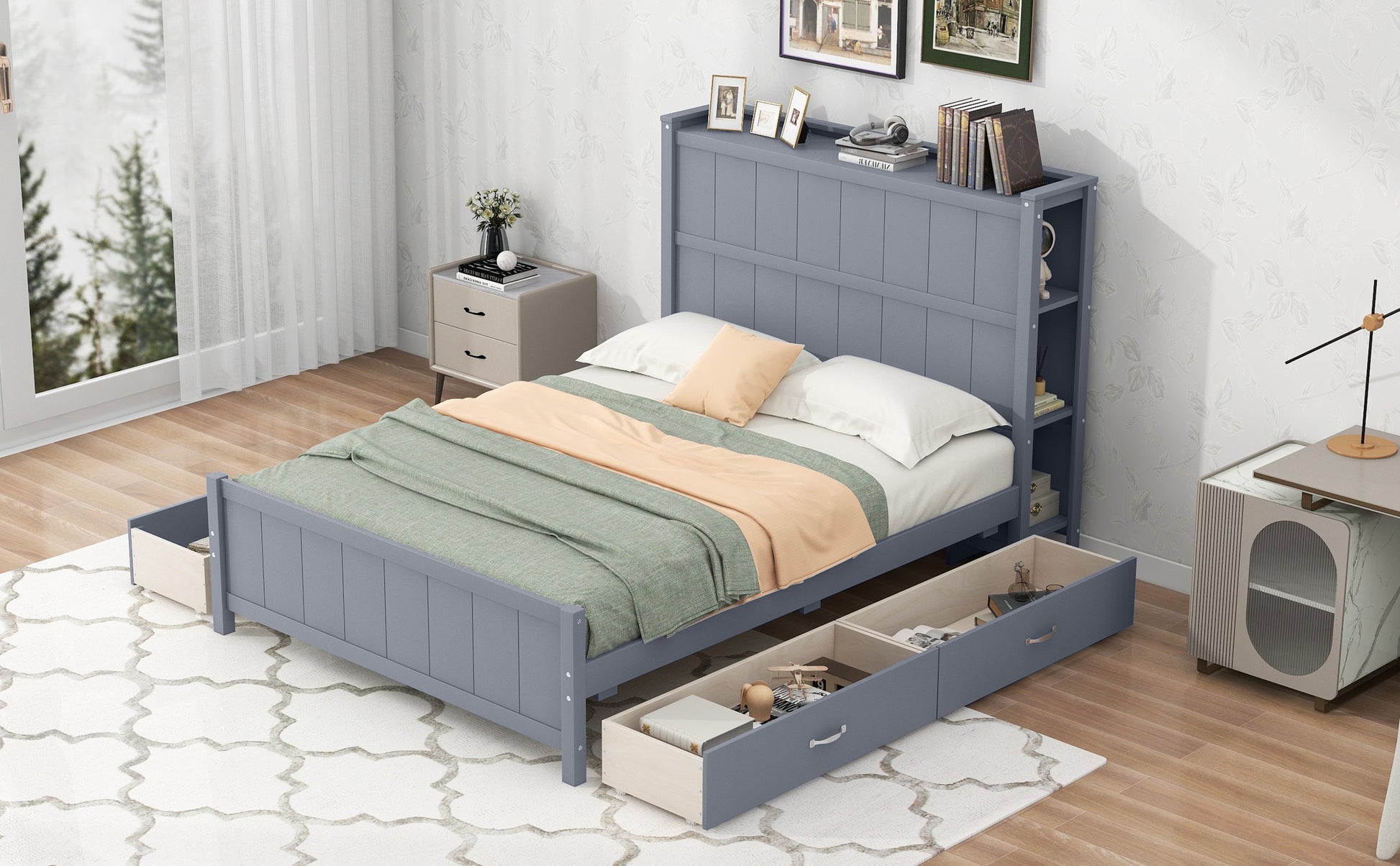 Full Size Platform Bed With Drawers And Storage Shelves, Gray Gray Solid Wood Mdf