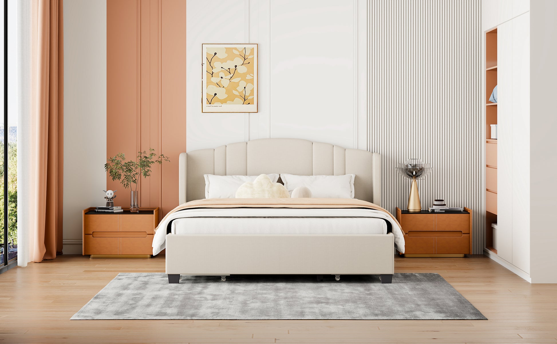 Upholstered Platform Bed With Wingback Headboard And 4 Drawers, No Box Spring Needed, Linen Fabric, Queen Size Beige Beige Upholstered