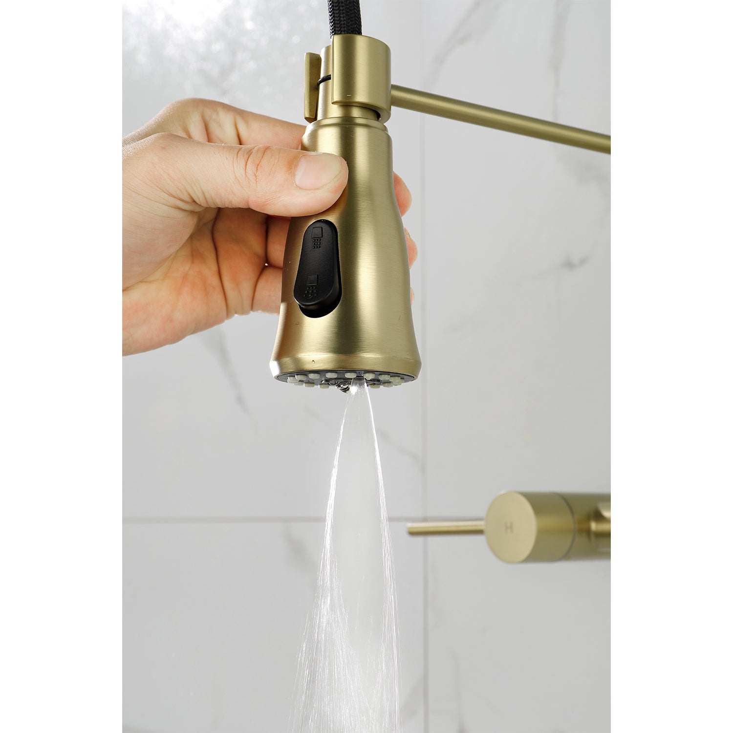 3 Functions Wall Mounted Bridge Kitchen Faucet Brushed Gold Brass